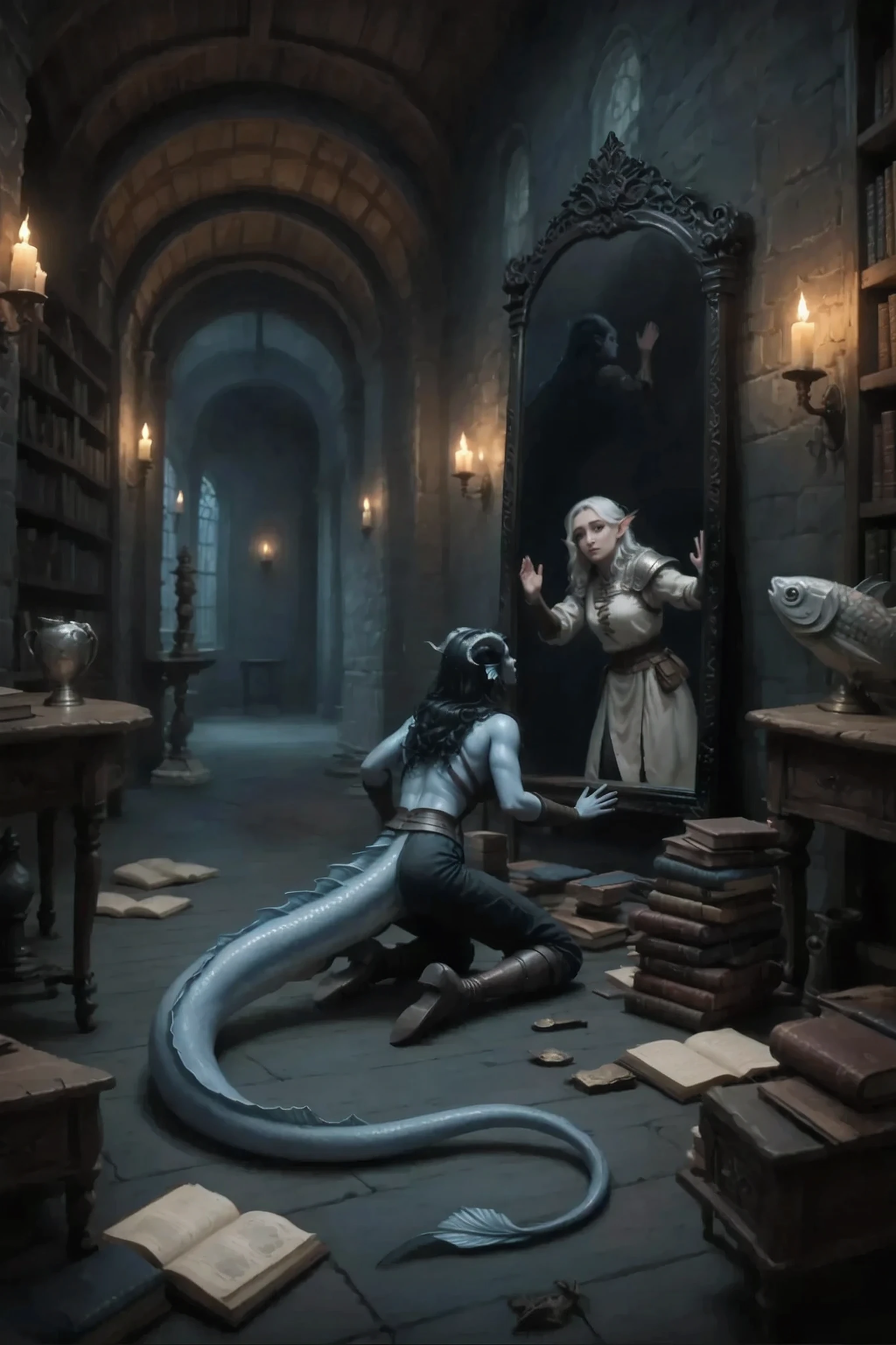 Kedra, (dark blue skin), girl, fins on the head, horns on the head, tail from behind, is kneeling, looks up into a black mirror with a long thick dragon tail from behind, the tail spreads across the floor in front of a girl with black hair dressed in light medieval armor and dark black leather medieval pants, recoils, falling back and leaning back in fear and scattered many old books lies in the books. medieval foot boots. In medieval shoes, from a large black mirror, away from the side mirror. Side view in the projection you can see the room against the background. extreme view from below. In the reflection of the mirror in the foreground, you can see another elf girl locked in it in an expensive light outfit who knocks on the mirror trying to get out of it with white hair and looks back on The elf girl in the mirror shows clots of black magical energy, black shadows and many eyes in the dark, demonic appearance in the mirror behind the girl. Torches stick out in the recesses of the semicircular walls. Arched wooden ceiling. Ancient paintings on the walls. Ancient library lots of old magic books on tables and on the floor. A stack of books in the foreground.
Dark room in the background. Ancient dark magic room. Medieval vintage setting. Lots of space and dark style. against the background of a corridor with stone statues, you can see fish statues in the room in the foreground and a carved wooden table.
masterpiece, best quality, Ultra-detailed command, Cinematic emotional static frame, 8K UHD, extremely detailed, physical visualization, HDR.
Unrealistic image, fantasy genre, with your feet. Highly detailed digital art style, (sfw:1.3).