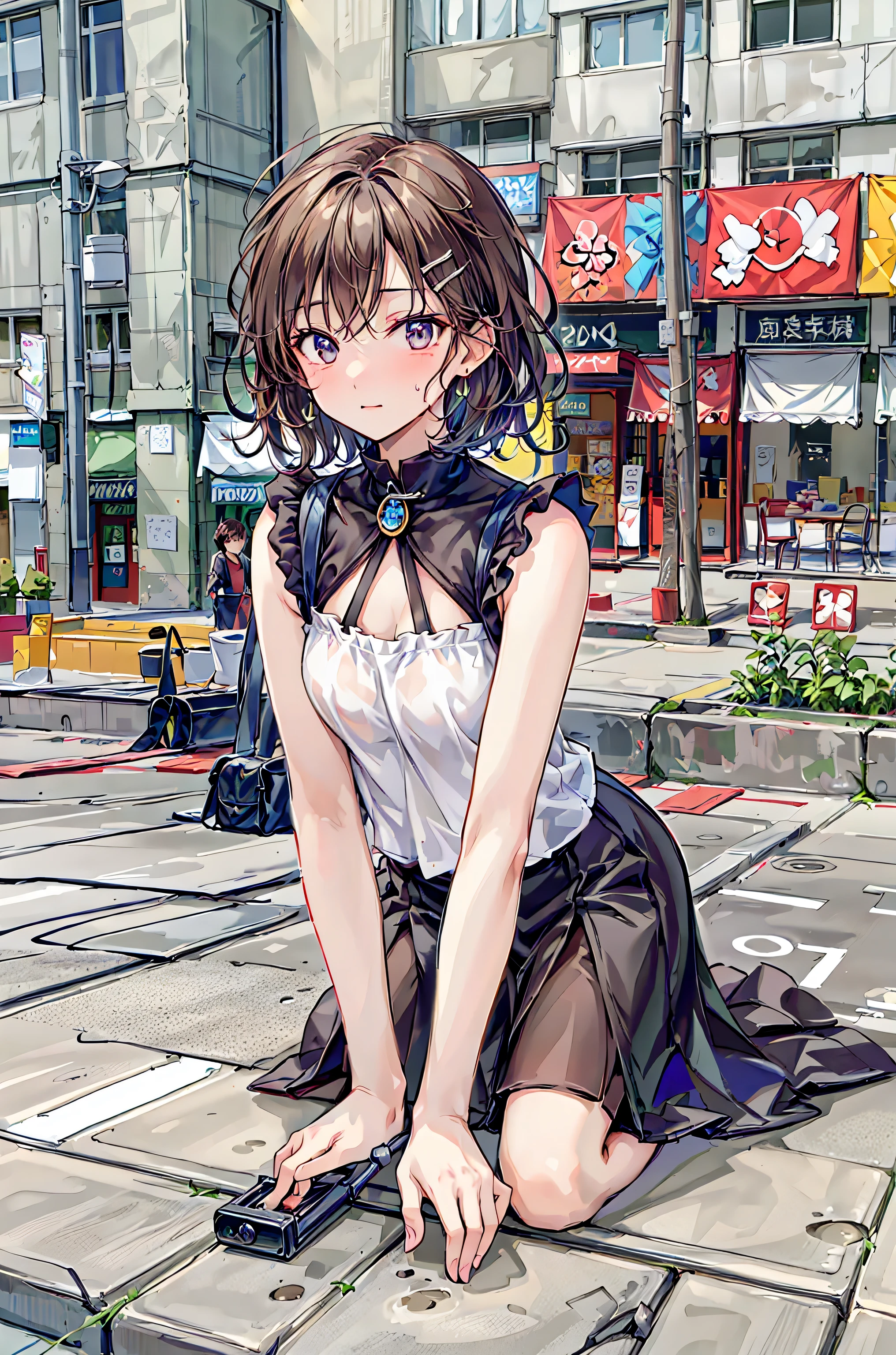asakura_yume,Brown Hair,Medium ,Aqua Eye,White skin,city,((Are standing)),smile,(( augmentation)),(((Navy blue_Camisole dress skirt_Knee-length))),((valley)),,smile,