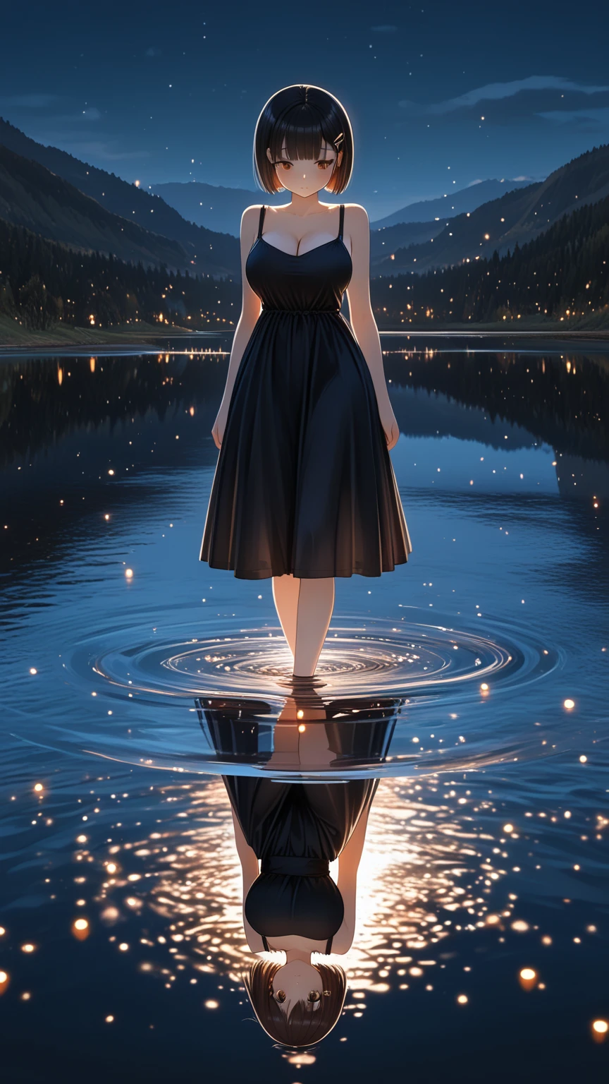 1girl, solo, wlop,
Long black hair, pale skin, green eyes, black cloak, subductive smile
Background; walking on water, nighttime
Masterpiece, best quality 