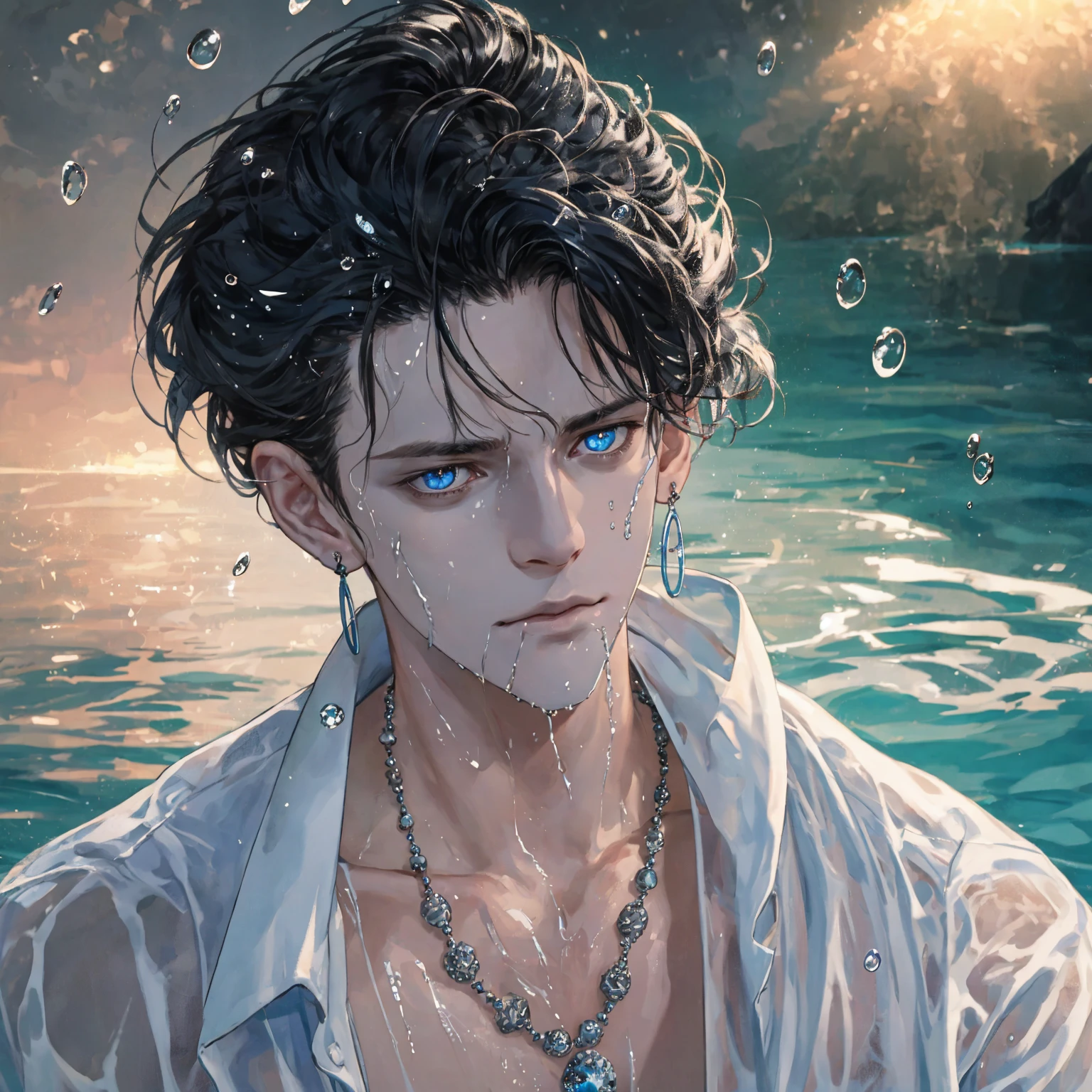 "Please draw a man swimming under the sea with  expressions of pleasure and nervousness. His eyes looked ahead, his expression a little between nervousness and pleasure. His body may be a little uncertain, and the expression on his face is a balance between pleasure and tension underwater. " --auto --s2