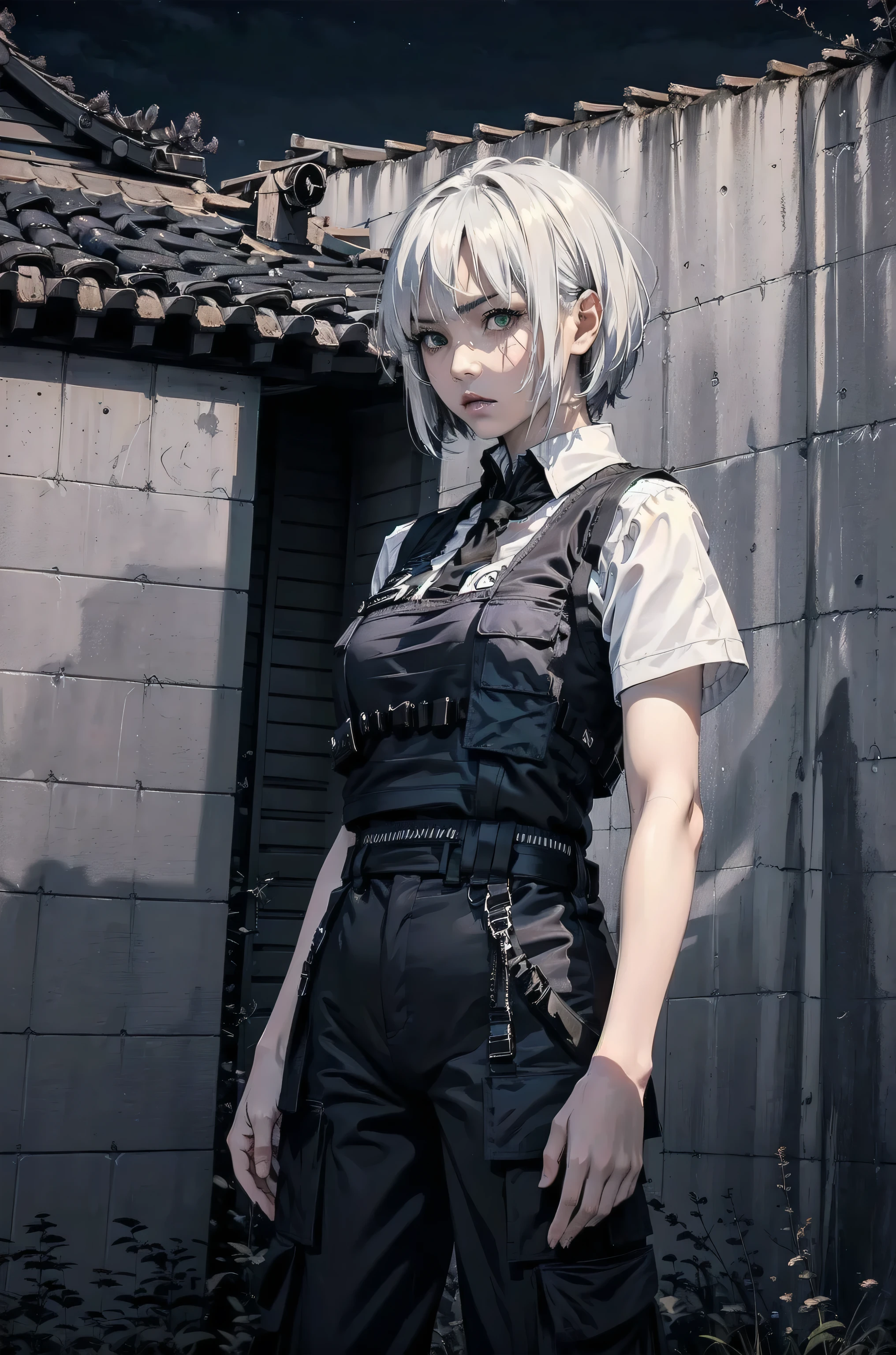 1 Japanese female high school student, solo, gripping a single one razor-sharp Japanese katana with a long, meticulously honed blade, performing an elegant sword dance, (best quality, 4k, 8k, highres, masterpiece:1.2), ultra-detailed, (realistic, photorealistic, photo-realistic:1.37), intricate details, dramatic lighting, muted color palette, cinematic composition, dynamic pose, intense focus, flowing fabric, clean lines, disciplined expression, ((Konpaku Youmu, angry)), ((white straight short hair:1.5)), ((white hair:1.5)), ((medium breasts)), ((green eyes)), ((night:2.0)),(full body view:1.0)), ((KATANA:1.0)), ((interior of a dojo samurai background)), ((wearing black special operations uniform, bulletproof vest and tactical pants:1.5)), ((urban samurai:1.5)), ((child:1.0)), ((children.1.0)), ((小柄で未熟な女の子:1.0)), ((close-up view:1.5))