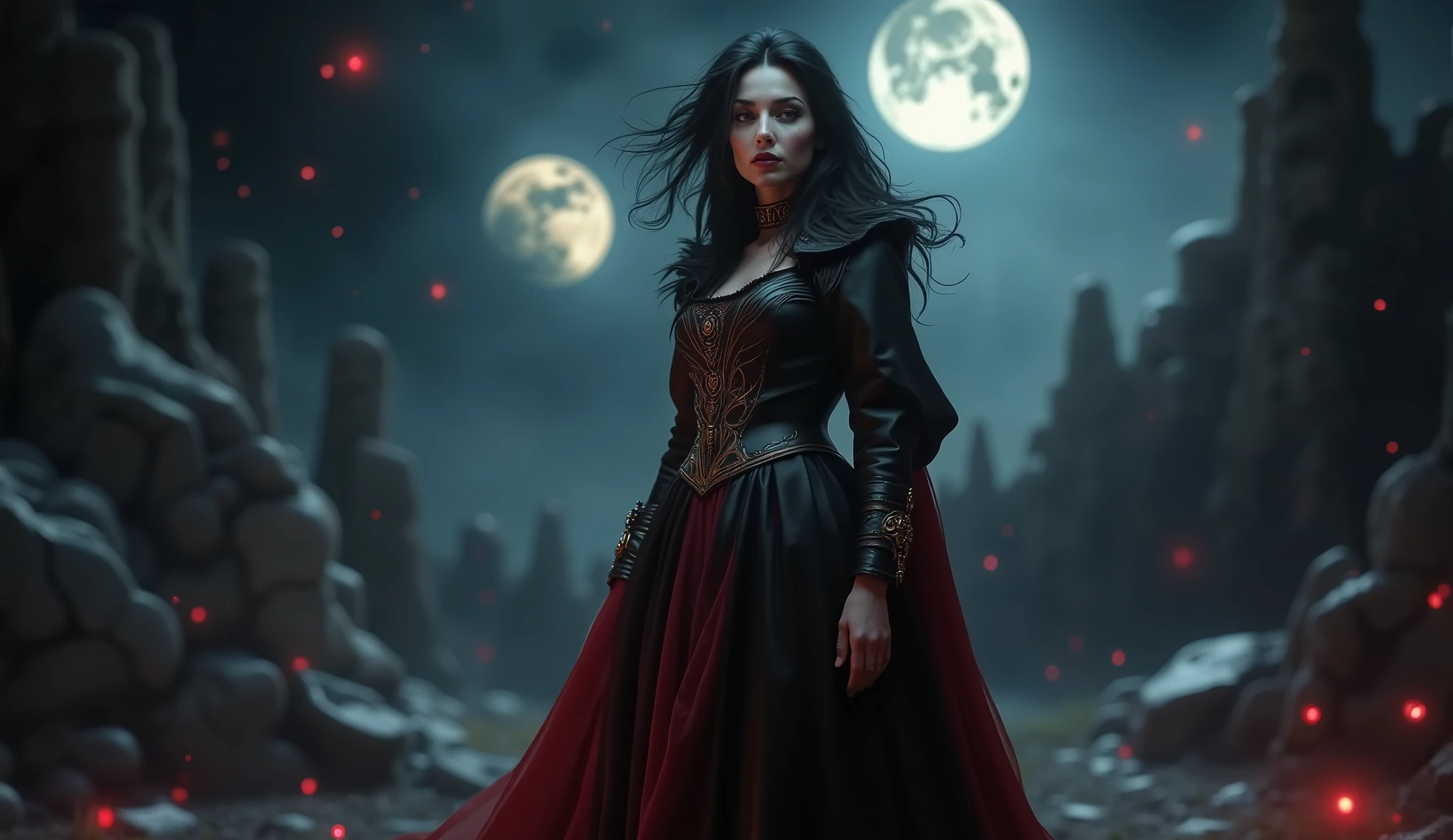 A dark fantasy theme of a female vampire woman in medieval stile, twin moon in sky. Dark environment with cinemaic lighting