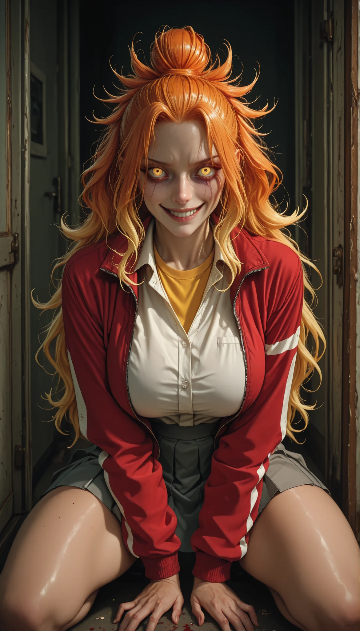 masterpiece, best quality, amazing quality, very aesthetic, absurdres,  newest, scenery, 
EBNiko, 1girl, solo, long hair, blonde hair, hair between eyes, , wide curvy , thick thighs, voluptuous body, Curvy body, thicc woman, glowing yellow eyes, multicolored hair, sidelocks, orange hair, parted bangs, gradient hair, single hair bun, streaked hair, wavy hair, high ponytail, school uniform, red jacket, white collared shirt, grey pleated skirt, miniskirt, yellow undershirt, open jacket, indoors, dark room, horror, on knees, blood on face, creepy face, creepy smile, yandere, horror atmosphere, wide yandere smile 