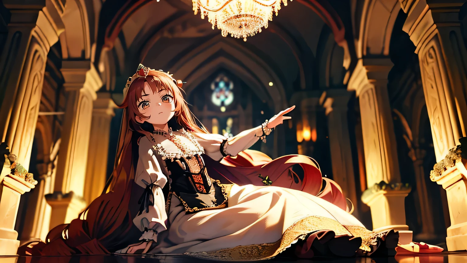 ８A beautiful old princess, top quality, top quality, Detalhes do rosto, misteriosa, Beautiful long medieval red and white dress, gold and silver embroidery, alforjes, Full body design from head to toe, cabelo prata, Cidade Antiga, low angle camera,saia, meias brancas