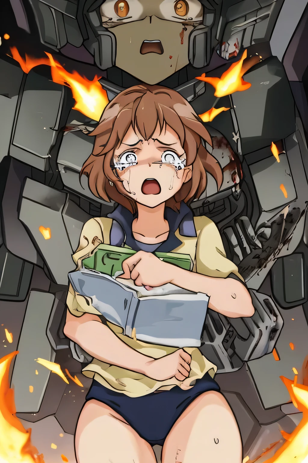 cockpit_explosion, fire, electricity, screaming, explosion, science fiction, wide-eyed, tearing clothes, standing, blood, scared, sweat, crying, mecha, torn clothes, tears, cockpit,1girl、wearing black gymnastics bloomers,high leg,white blouse,cowboy shot,self wedgie,bloomers pull myself,後ろに寄りかかる、体を反らせる、後ろに反らせる、串刺し、体を後ろに反らせる、エビ反り,爆風、衝撃、破壊、吹き飛ぶ、消滅、焼き尽くされる