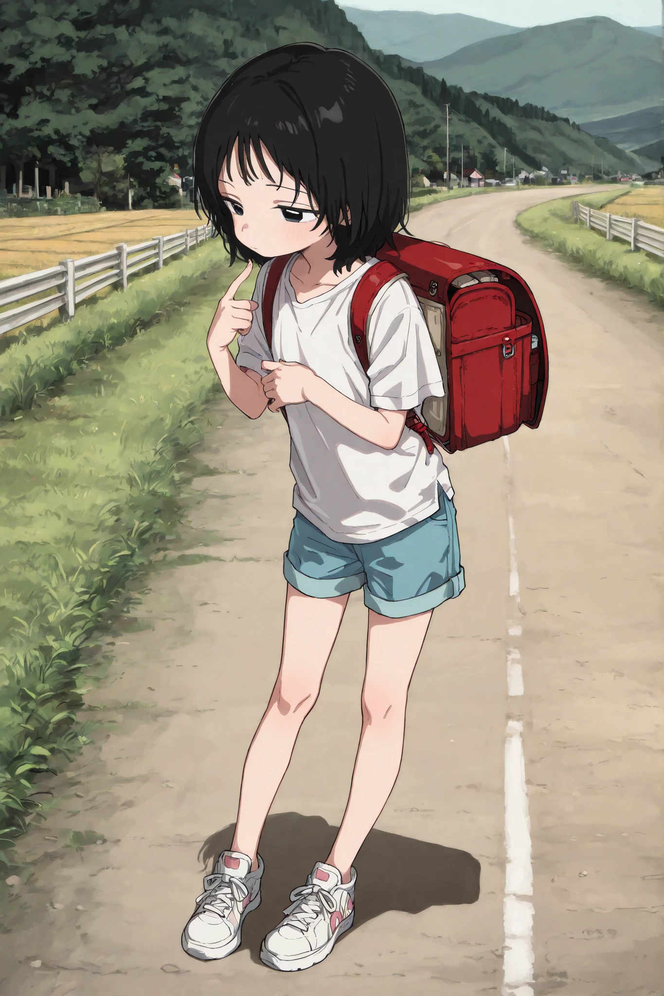 (masterpiece, best quality, highly detailed, ultra detailed), (perfect anatomy, best anatomy, extremely detailed, perfect hand), (perfect leg),(perfect finger), kuze shizuka, takopii no genzai, girl, solo, black hair, black eyes, white shirt, blue shorts, sneakers, randoseru, standing, full body, Country road,