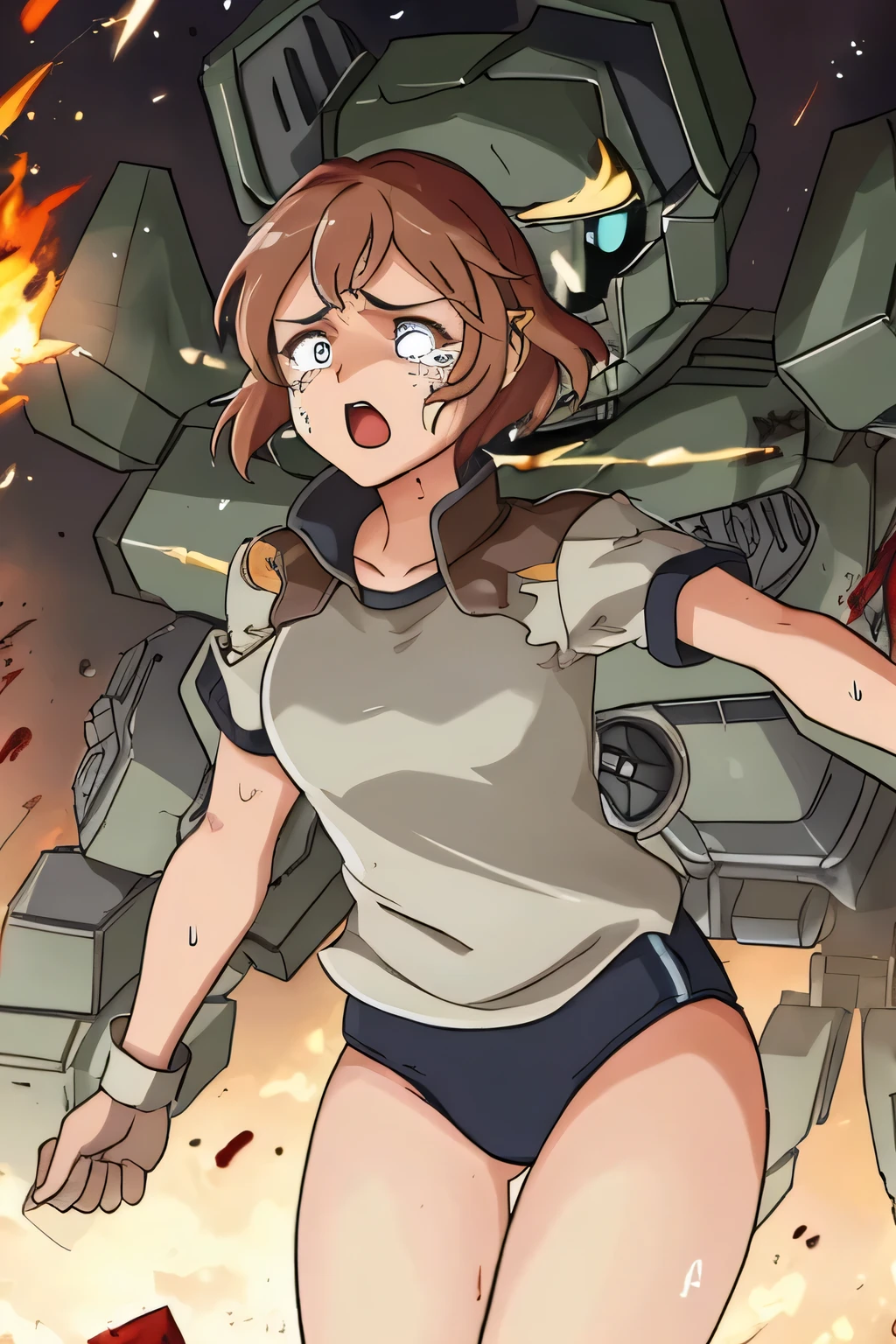 cockpit_explosion, fire, electricity, screaming, explosion, science fiction, wide-eyed, tearing clothes, standing, blood, scared, sweat, crying, mecha, torn clothes, tears, cockpit,1girl、wearing black gymnastics bloomers,high leg,white blouse,cowboy shot,self wedgie,bloomers pull myself,後ろに寄りかかる、体を反らせる、後ろに反らせる、串刺し、体を後ろに反らせる、エビ反り,爆風、衝撃、破壊、吹き飛ぶ、消滅、焼き尽くされる