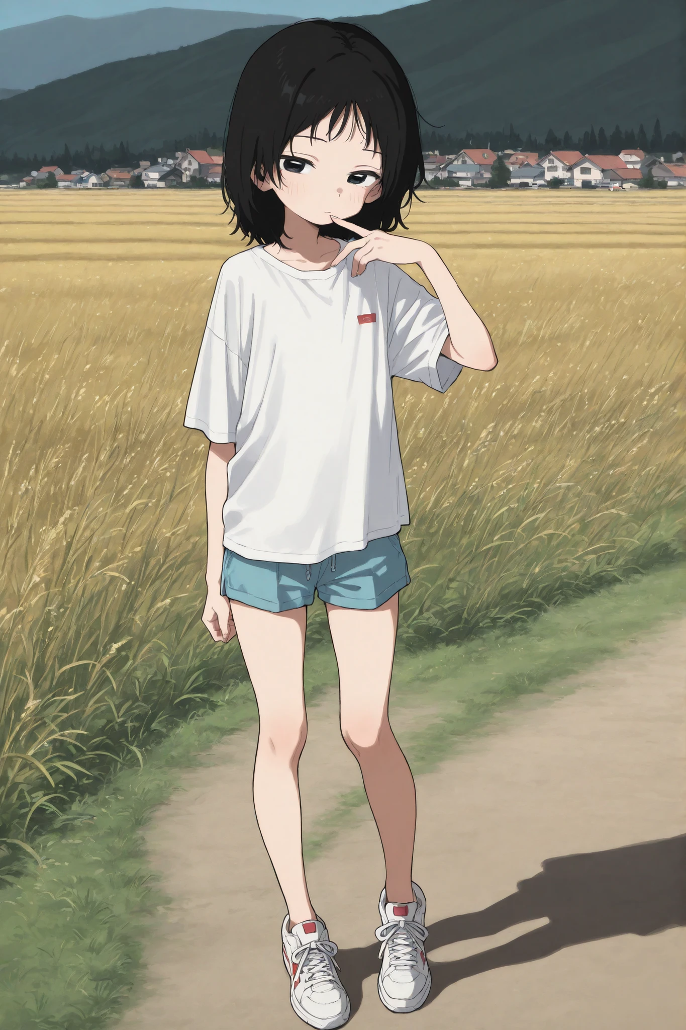 (masterpiece, best quality, highly detailed, ultra detailed), (perfect anatomy, best anatomy, extremely detailed, nice hand, perfect hand), (nice leg, perfect leg),(nice finger, perfect finger), 1girl, 
kuze shizuka, takopii no genzai, girl, solo, black hair, black eyes, white shirt, blue shorts, sneakers, randoseru, standing, full body, Country road,