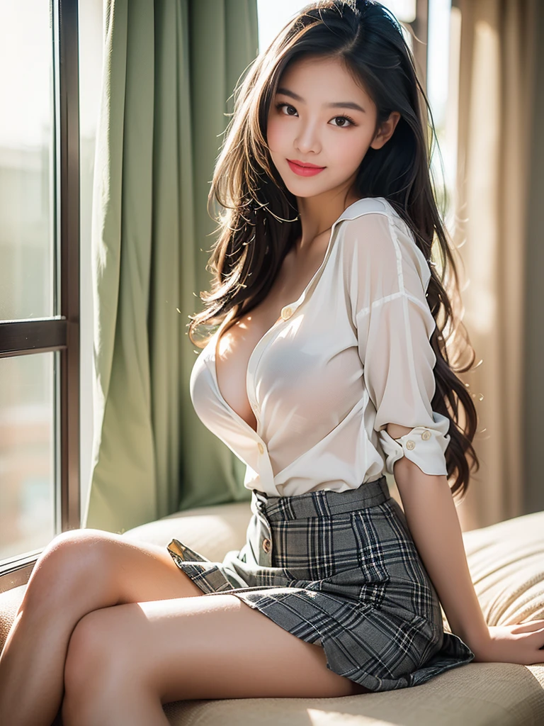 A Korean woman (big breasts) sits on the edge of a neat bed.  She wore a white blouse that was open tied in the front and a short brown-red checkered skirt with visible cleavage and brown high heels.  The room has large windows with a view of the green outside, brown curtains, and a green carpeted floor.