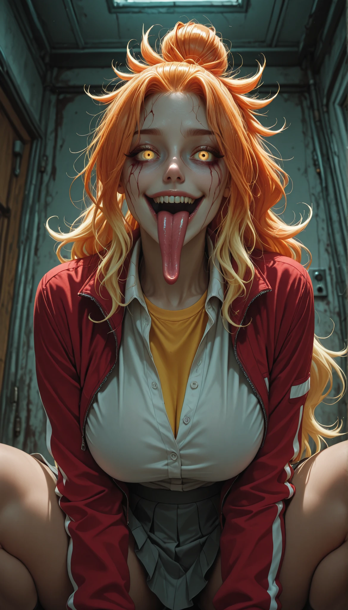 masterpiece, best quality, amazing quality, very aesthetic, absurdres,  newest, scenery, 
EBNiko, 1girl, solo, long hair, blonde hair, hair between eyes, , wide curvy , thick thighs, voluptuous body, Curvy body, thicc woman, glowing yellow eyes, multicolored hair, sidelocks, orange hair, parted bangs, gradient hair, single hair bun, streaked hair, wavy hair, high ponytail, school uniform, red jacket, white collared shirt, grey pleated skirt, miniskirt, yellow undershirt, open jacket, indoors, dark room, horror, on knees, blood on face, creepy face, creepy smile, yandere, horror atmosphere, wide yandere smile, from below, dynamic angle, long tongue out, sharp teeths