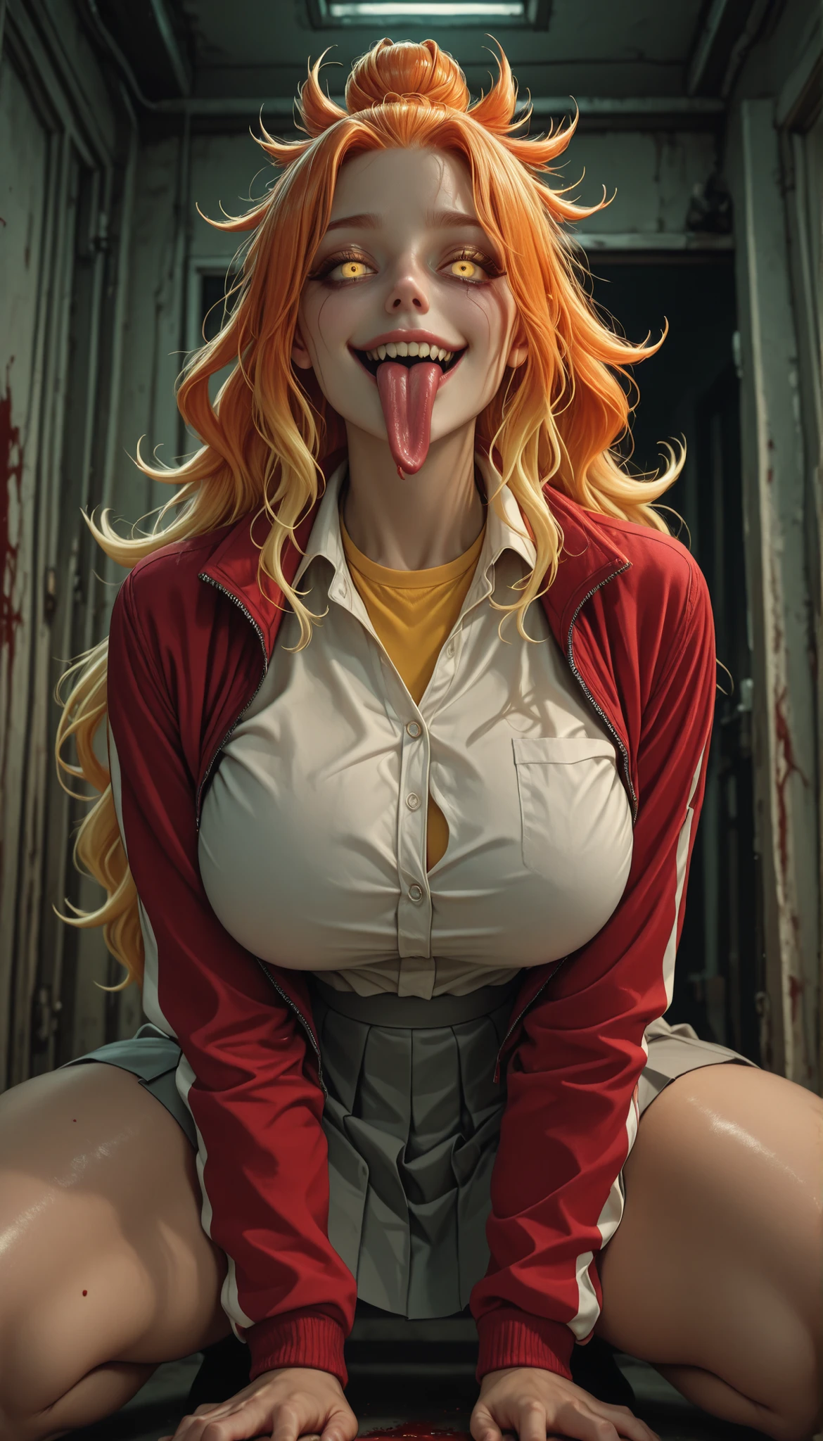 masterpiece, best quality, amazing quality, very aesthetic, absurdres,  newest, scenery, 
EBNiko, 1girl, solo, long hair, blonde hair, hair between eyes, , wide curvy , thick thighs, voluptuous body, Curvy body, thicc woman, glowing yellow eyes, multicolored hair, sidelocks, orange hair, parted bangs, gradient hair, single hair bun, streaked hair, wavy hair, high ponytail, school uniform, red jacket, white collared shirt, grey pleated skirt, miniskirt, yellow undershirt, open jacket, indoors, dark room, horror, on knees, blood on face, creepy face, creepy smile, yandere, horror atmosphere, wide yandere smile, from below, dynamic angle, long tongue out, sharp teeths