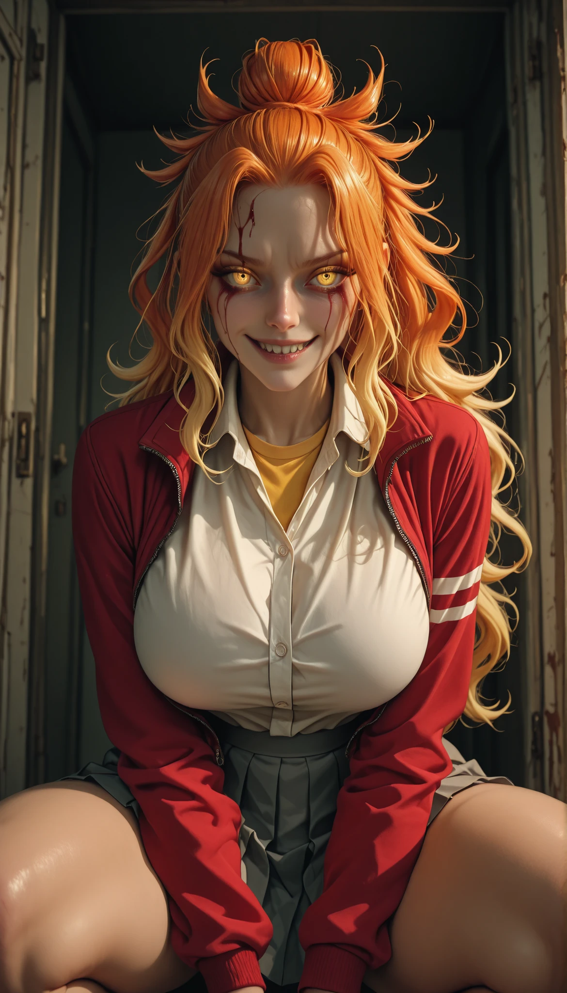 masterpiece, best quality, amazing quality, very aesthetic, absurdres,  newest, scenery, 
EBNiko, 1girl, solo, long hair, blonde hair, hair between eyes, , wide curvy , thick thighs, voluptuous body, Curvy body, thicc woman, glowing yellow eyes, multicolored hair, sidelocks, orange hair, parted bangs, gradient hair, single hair bun, streaked hair, wavy hair, high ponytail, school uniform, red jacket, white collared shirt, grey pleated skirt, miniskirt, yellow undershirt, open jacket, indoors, dark room, horror, in squats position, blood on face, creepy face, creepy smile, yandere, horror atmosphere, wide yandere smile, blood on her face, from below, dynamic angle, grabbing screen