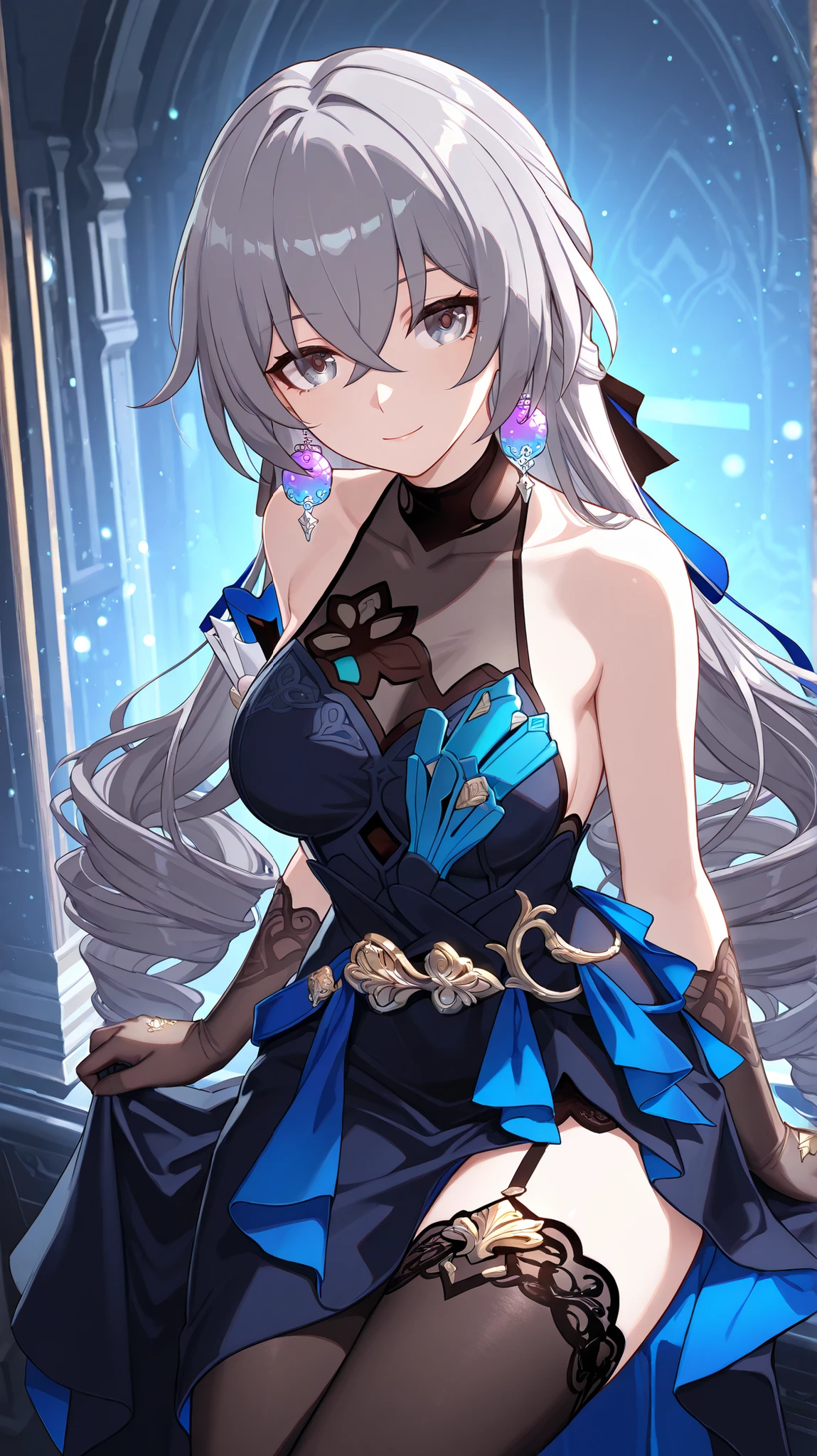 (masterpiece), (best quality), (highres), ultra-detailed, Bronya from Honkai Star Rail, mature and alluring, elegant and confident, long sleek silver hair flowing smoothly, piercing icy blue eyes, wearing a form-fitting silky black and dark blue dress with sheer lace panels and subtle metallic accents, thigh-high stockings, delicate gloves, smooth glossy skin, standing or sitting gracefully in a dimly lit futuristic lounge, soft neon blue and purple ambient lighting, gentle smile with a hint of mystery, looking directly at the viewer, cinematic lighting, glowing particles in the air, detailed textures on fabric, skin, and background, sensual and poised posture