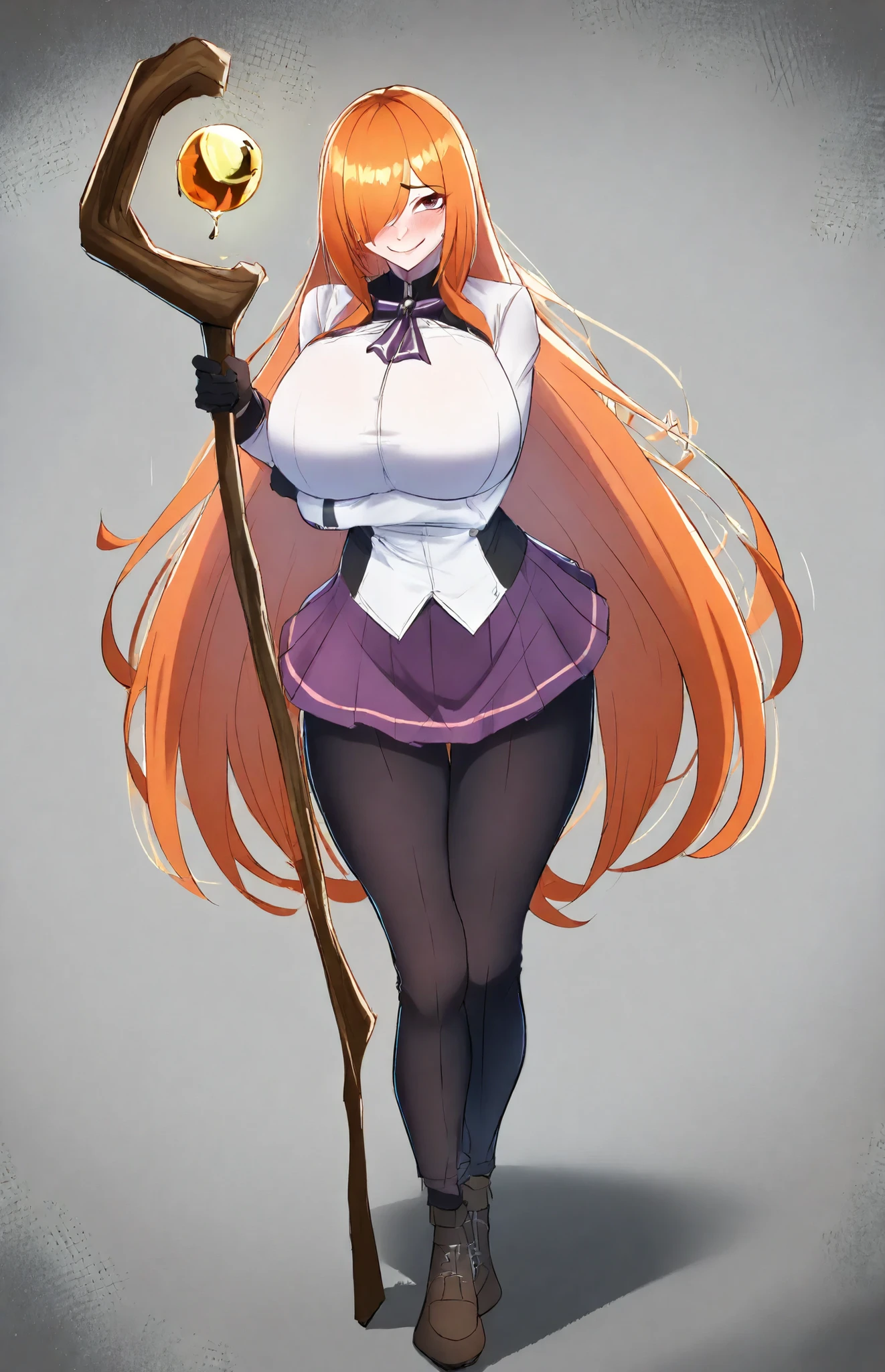 score_9, score_8_up, score_7_up, score_6_up, young warrior girl, solo, 1girl, hair over one eye, sexy, slut, sexy girl, mature, big breasts, smile, mature woman, mage girl, pants, skirt, big thighs, curvy, long orange hair, hair covering eyes, blushing, long sleeves, cute gloves, sexy, holding magic staff, wooden staff, very long hair, smile, nervous smile, nervous expression, holding staff with both hands, standing, full body,