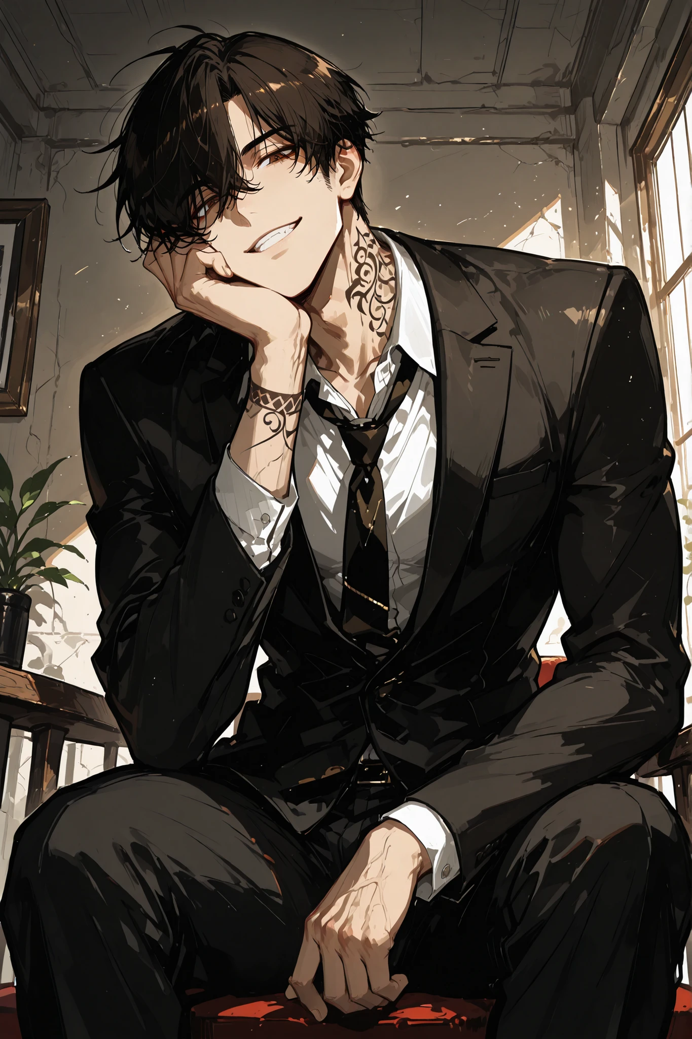 masterpiece, best quality, ultra detailed, high resolution, 2D anime style illustration, handsome 28-year-old man, short perfectly straight silky black hair, no spikes, no messy strands, perfectly smooth and neat, natural flow framing the face, deep brown eyes, alluring mature aura, stylish, slightly slender but with moderate muscle, wearing a perfectly fitted black suit, neck tattoo, black nail polish on fingernails, sharp and distinctly masculine facial features (absolutely not resembling Fushiguro Megumi or Toji), confident seductive smile showing teeth, leaning forward while sitting, one hand resting on his cheek in a relaxed pose, the other hand loosely on his knee, looking down and peering at the viewer with a captivating masculine gaze, perspective from below inspired by the reference image, dramatic lighting, highly detailed clothing folds and textures, emphasizing strong mature masculine charm