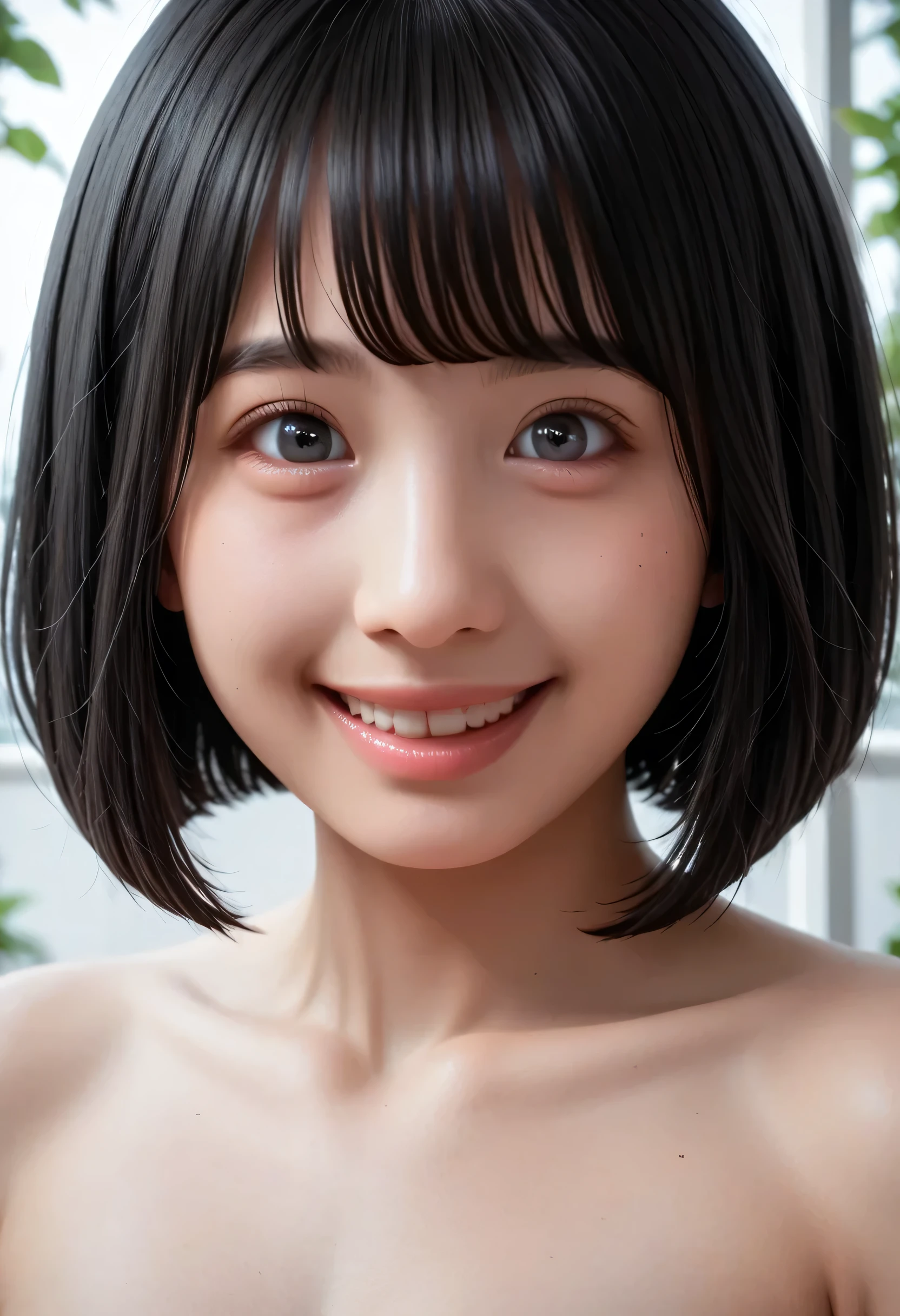 (Very detailed}, , {Highest quality}, {Ultra high quality}, {Highest resolution}, {{{Sharp focus: Eyes}}, {{16k}}, {{Astonishingly realistic portrait of a Japanese high school student: 2.0}}}, ((Bust up: 2.0))), {{Happy smile: 2.0}}, {Detailed facial depiction}}, {{Detailed eye depiction, large eyes with double eyelids}}, {Thick lips: Lipstick}, Black hair, black eyes}}}, {Naked high school girl: 18 years old: White skin: Chest}}, } {Glowing beautiful skin: Pale skin}}, {{A very fantastic depth of field photo with a single strawberry in hand}}, {{{Bob haircut with shorn bangs: Home cut: Bangs}}}, {{View viewer}},