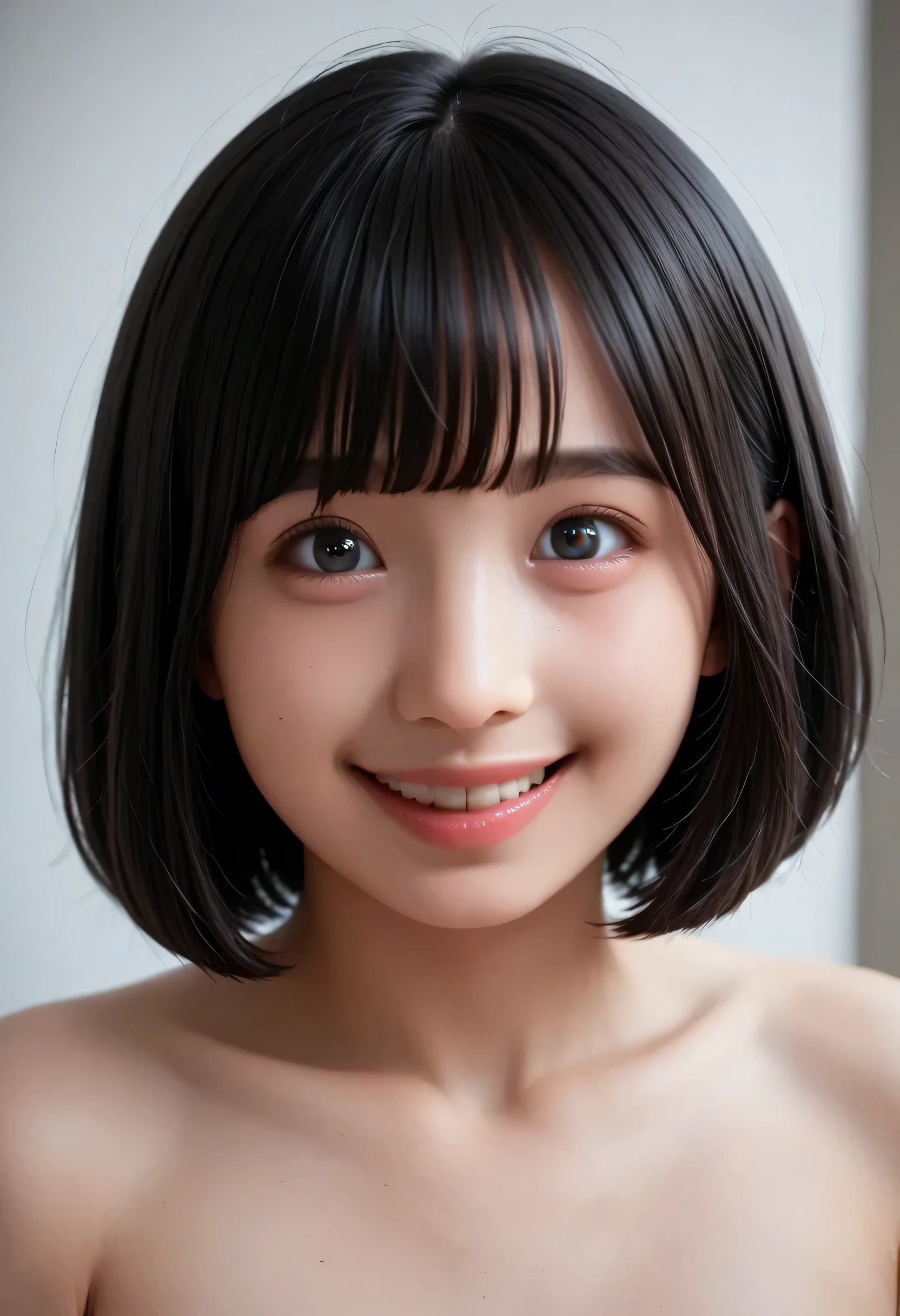 (Very detailed}, , {Highest quality}, {Ultra high quality}, {Highest resolution}, {{{Sharp focus: Eyes}}, {{16k}}, {{Astonishingly realistic portrait of a Japanese high school student: 2.0}}}, ((Bust up: 2.0))), {{Happy smile: 2.0}}, {Detailed facial depiction}}, {{Detailed eye depiction, large eyes with double eyelids}}, {Thick lips: Lipstick}, Black hair, black eyes}}}, {Naked high school girl: 18 years old: White skin: Chest}}, } {Glowing beautiful skin: Pale skin}}, {{A very fantastic depth of field photo with a single strawberry in hand}}, {{{Bob haircut with shorn bangs: Home cut: Bangs}}}, {{View viewer}},