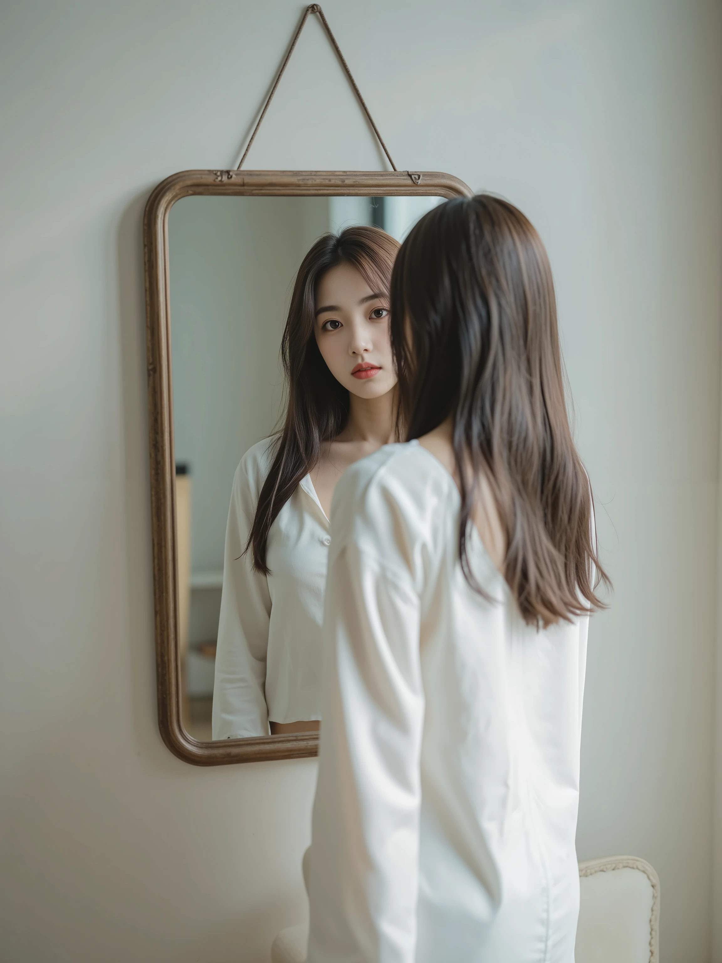 A mirror hanging on a plain wall reflects the face of a Japanese woman standing in front of it. The woman's head is turned away from the camera, showing her black hair against a simple, neutral-colored wall. The mirror has a thin wooden frame, and captures a clear view of the woman's face from the front, while her back remains visible to the camera. Portrait photography with soft natural lighting and shallow depth of field focused on the mirror reflection.