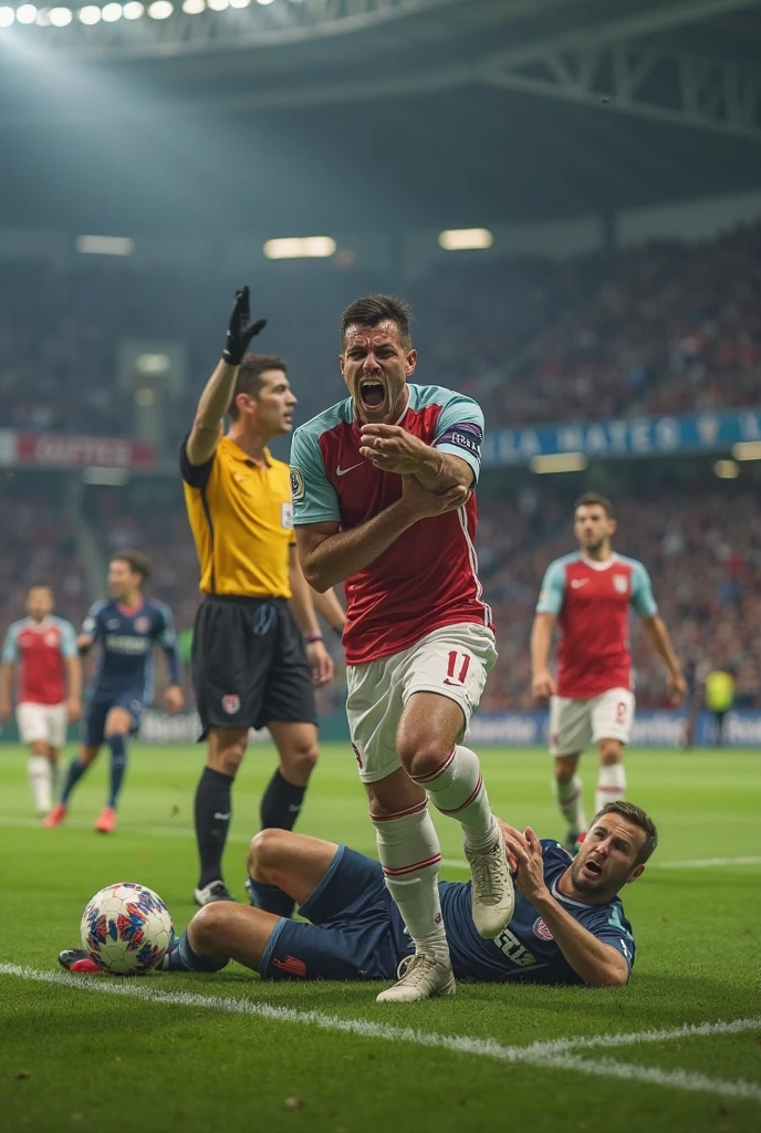 a passed out bearded man, a fainted bearded man, a consciousless bearded man, a woman and a bearded man, Andrea carries the wounded man's body in her hands, Andrea grabs his legs and his body with her hands, the bearded man in Andrea's arms is visibly in pain, stadium atmosphere, the bearded man is lying consciousless in Andrea's arms with one arm hanging down, A scene at a soccer stadium, a bearded man lying in a caring women's arms, lying helpless in her arms with his head dangling down, he has one arm dangling down while being carried in the women's arms, There is an attractive and heavily made-up woman in a long black leather coat, A pretty woman in a shiny black leather coat on a soccer field, A wonderful woman is holding a passed out man, A man in matt and roughened sportswear is held diagonal in her arms, a man in a woman's arms and lets one arm dangling down, we see the man held in front of the woman's body, the man is cradled in the woman's arm while being carried, the beautiful woman is exceptionally heavily made up and has an extremely desperate and very angry expression on her face, high-resolution photo, realistic sports photo, soccer scene, woman in black shiny long leather coat, injury scene, real photo, ultra realistic, high definition, sports photography