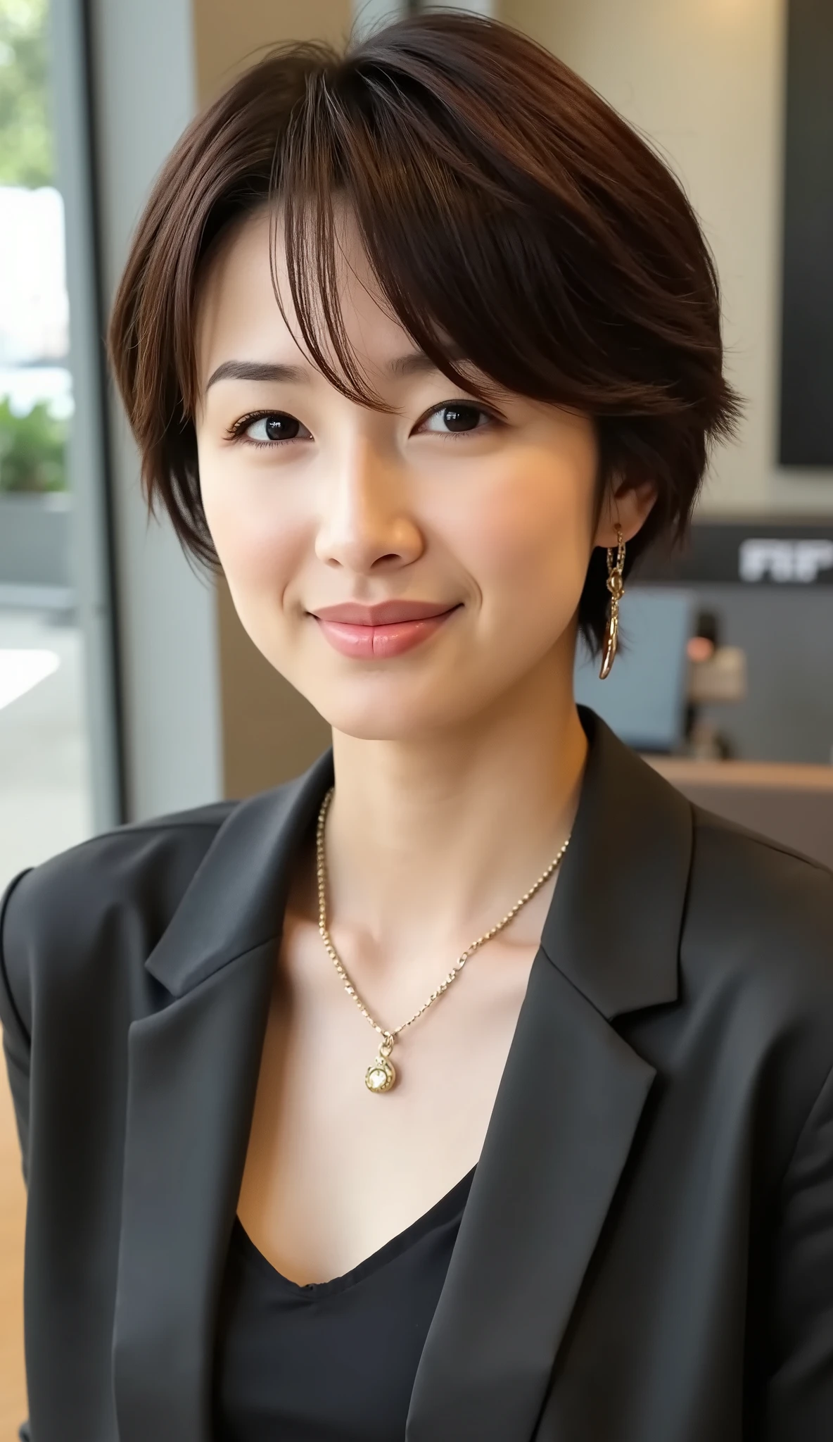 Neat Young Woman、looking at the camera、office lady suit、jacket、shirt、necklace、Ear piercings、薄い茶髪、、、、Bust Up Shot、necklace、smile showing teeth、The background is office