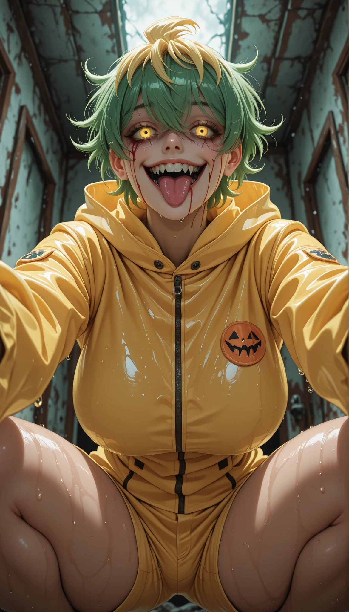 masterpiece, best quality, amazing quality, very aesthetic, absurdres, newest, scenery, anime coloring, anime screencap,
EBMiwa, 1girl, , wide curvy , thick thighs, voluptuous body, Curvy body, thicc woman, solo, scary face,wide smile, scary smile, short hair, green hair, glowing yellow eyes, multicolored hair, two-tone hair, streaked hair, fang,jewelry, long sleeves, wet, looking at viewer, yandere smile, reaching toward viewer, creepy smile, hood down, yellow raincoat, indoor, horror environment, absurdres, , depth of field, yellow shorts, dark room, from below, dynamic angle, in squats position, long tongue out, blood on her face