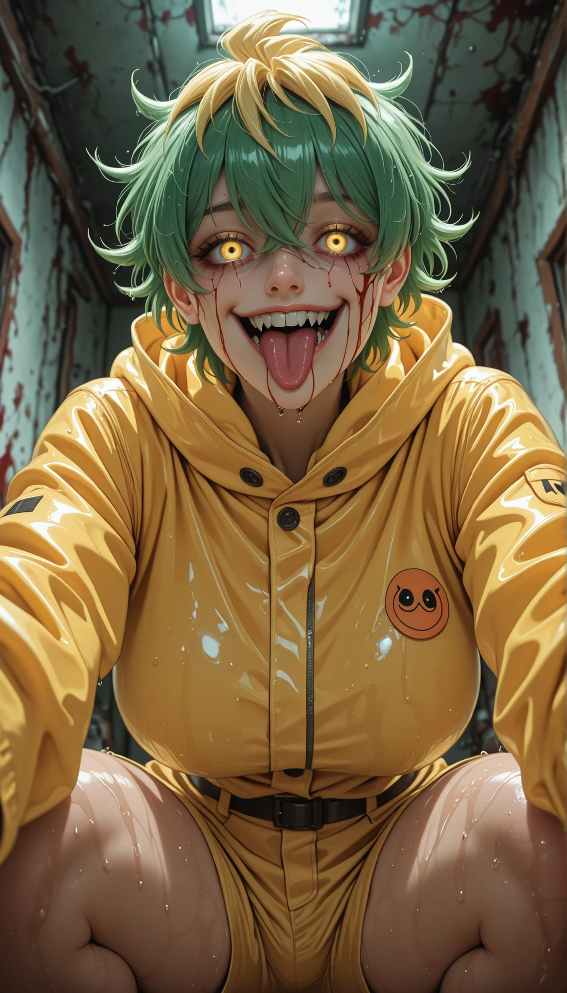 masterpiece, best quality, amazing quality, very aesthetic, absurdres, newest, scenery, anime coloring, anime screencap,
EBMiwa, 1girl, , wide curvy , thick thighs, voluptuous body, Curvy body, thicc woman, solo, scary face,wide smile, scary smile, short hair, green hair, glowing yellow eyes, multicolored hair, two-tone hair, streaked hair, fang,jewelry, long sleeves, wet, looking at viewer, yandere smile, reaching toward viewer, creepy smile, hood down, yellow raincoat, indoor, horror environment, absurdres, , depth of field, yellow shorts, dark room, from below, dynamic angle, in squats position, long tongue out, blood on her face