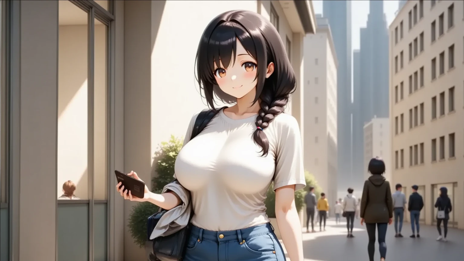 masterpiece、Highest quality、Best image quality、High resolution、Big Breasts、White tank top、jeans、Black Hair、Long Hair、Brown eyearried Woman、Bus stop in the countryside、Waving
