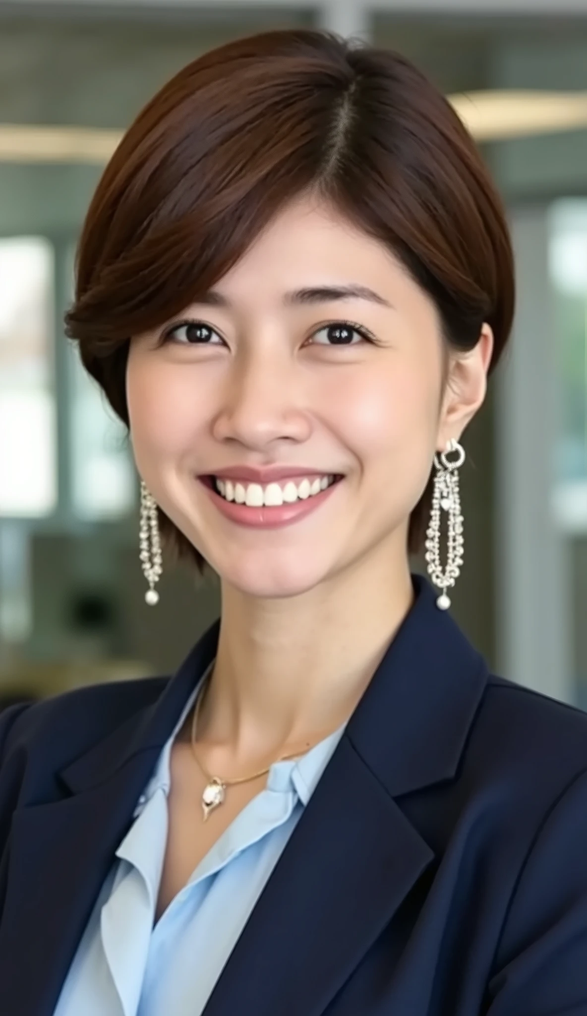 Neat Young Woman、looking at the camera、office lady suit、jacket、shirt、necklace、Ear piercings、、smile showing teeth、 、The background is office