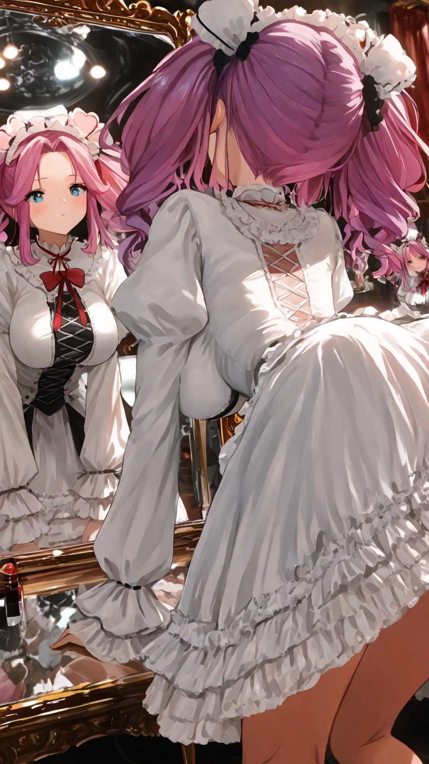 Rezelam, hair flower, hair accessory, pink hair, (red eyes:1.5), long hair, x hair ornaments, frills, juliet sleeves, long sleeves, maid, neck ribbon, puffy sleeves, ribbon, rosval mansion maid uniform, white bow, white dress, white thighs, a shy expression,
BREAK looking at the viewer, BREAK (masterpiece: 1.2), best quality, high resolution, unity 8k wallpaper, (illustration: 0.8), (beautiful detail eyes: 1.6), very detailed face, perfect lighting, very detailed CG, (perfect hands, perfect anatomy), legs apart, scratches, big breasts, no panties, exposed, transparent clothes, vaginal opening,