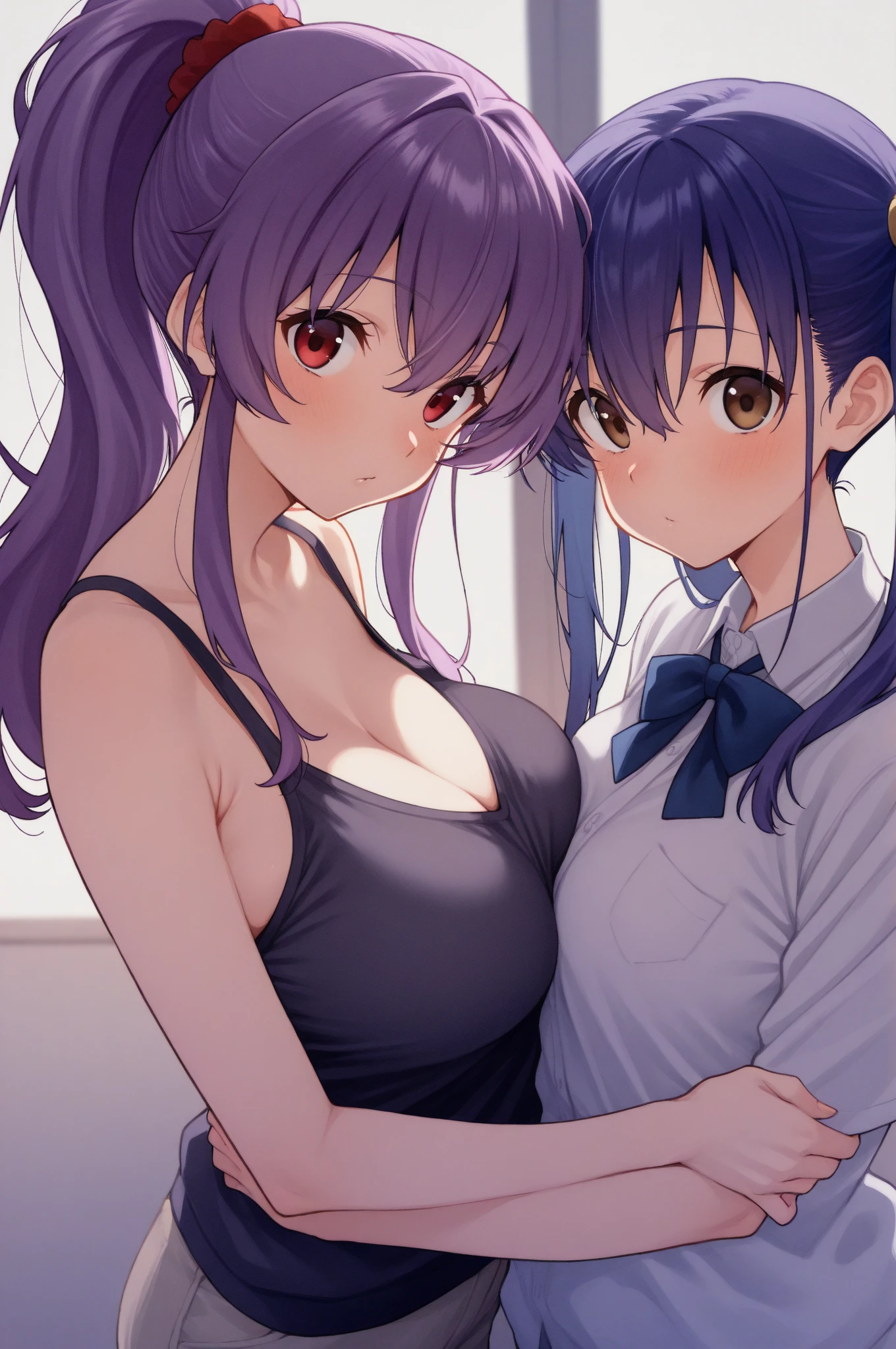 nsfw,(2 girls:1.3),duo,cowboy shot,pov
Erotic,looking at viewer,masterpiece, best quality, very aesthetic,absurdres,front view,Cleavage,slit,leaning forward,Bare shoulders,strapless,purple hair,blue hair,deep blue hair,breast slip,On the thigh