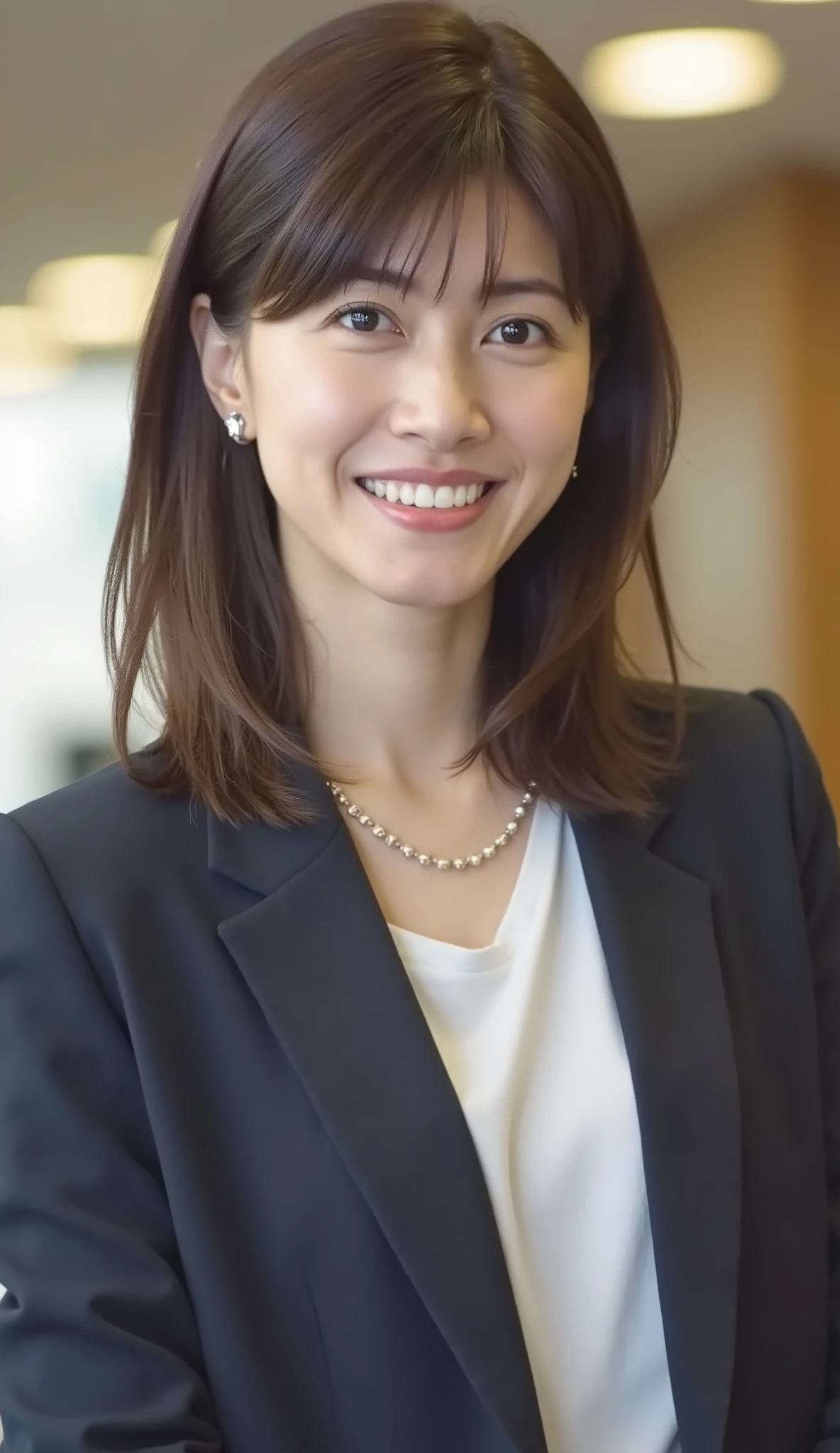 Neat Young Woman、looking at the camera、office lady suit、jacket、shirt、necklace、Ear piercings、、smile showing teeth、 、The background is office