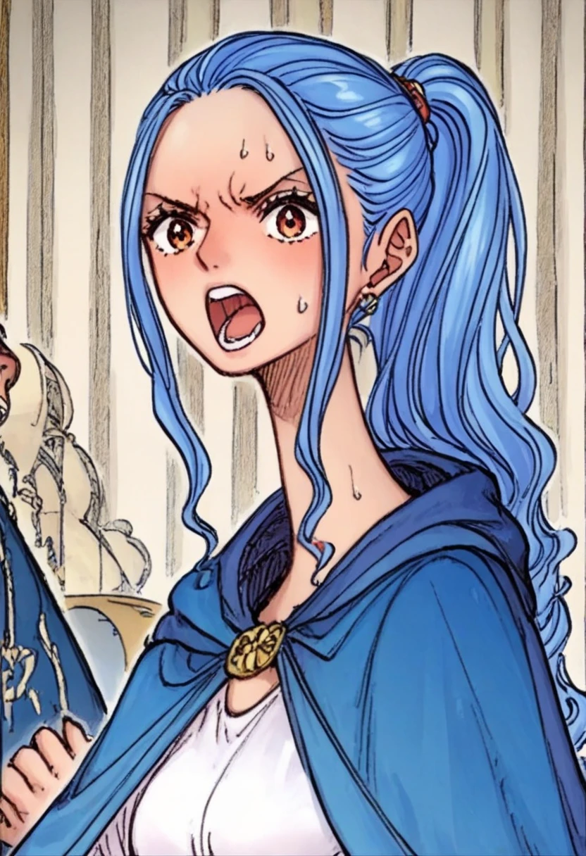Personnages d'anime avec un triton bleu, une femme aux longs cheveux noirs et aux yeux marrons, manteau rouge, Badass Anime 8K, anime, Focus on key art anime, chave visuel, conceito chave visuel do anime, chave visuel do anime", 2 0 2 1 animated, official visual of the key'anime, chave visuel anime, epic anime style, 2 jours cg |, anime de alta qualidade pirates, beau, pirates, woman