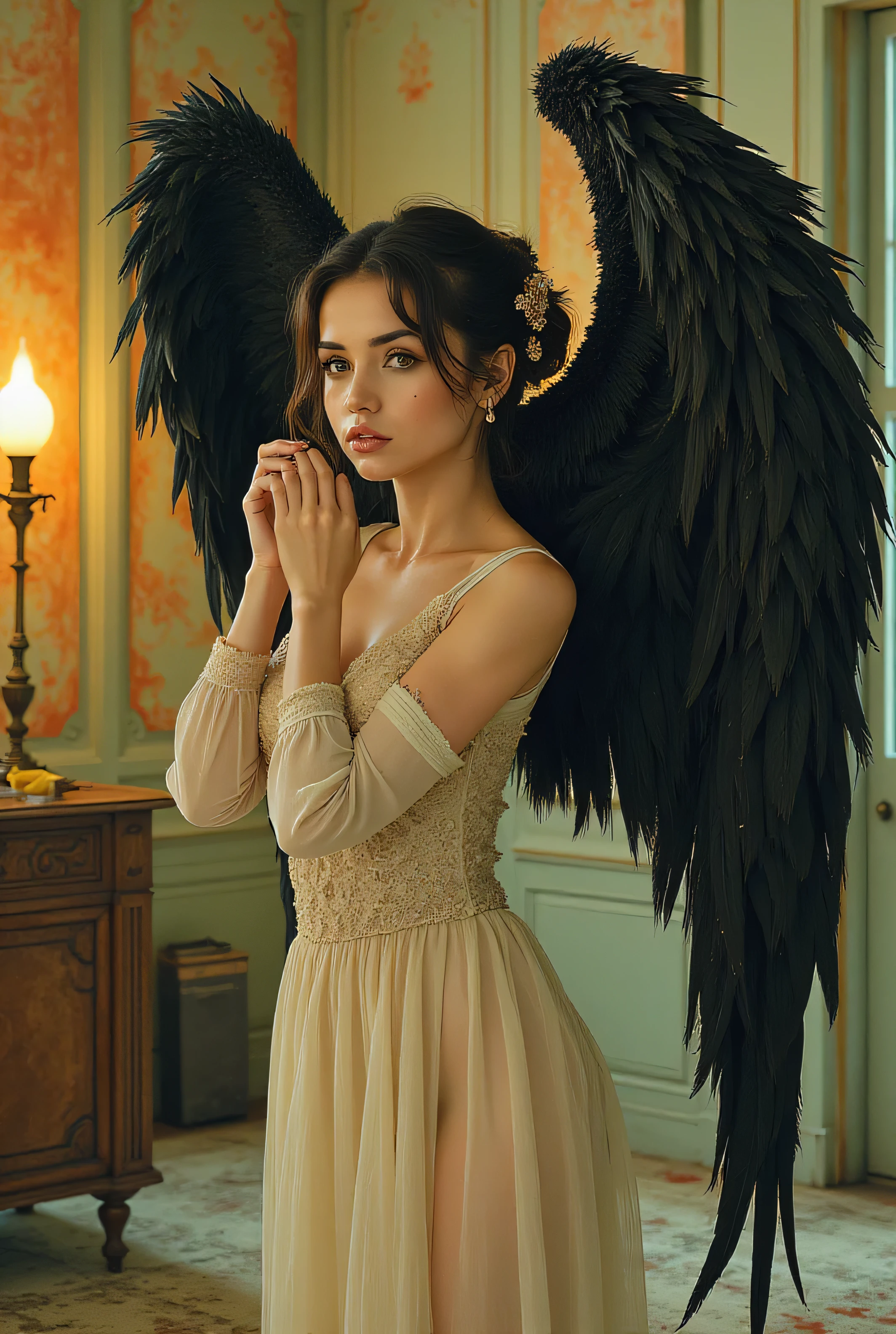 Detailed proportions and textures rendered with multi-colored spray paint and airbrushing present a semi-realistic illustration dominated by bright, vivid tones that contrast with the matte, warm tones of the background (full body, confident posture, bright eyes, defined eyebrows, long eyelashes, perfect face, full lips, huge, round breasts, flat stomach, wide hips, slim waist, thick thighs) (Foto RAW), A beautiful young woman with black feathered robotic bird wings, wearing a sheer off-white bohemian vintage dress, with her hands covering her face in a dramatic gesture, dramatic theatrical makeup, glistening tears, heartbroken pose, showing her broken (damaged) robotic wings with the fallen feathers around them. The background is a room, a studio and laboratory in vintage, Victorian style, dramatic lighting, yellowish theatrical lights, melancholic atmosphere, a play of gas lanterns and Victorian facades, classic opera photography style, film art photography. very balanced saturation in very defined color palettes (color with intense monochromatic shaded tones and brightness, red hue 25% + yellow 25% + blue 25% + biofluorescent 12.5% + transparencies 12.5%). Aesthetic fusion of (A realistic a Ángel cosplay. Fibonacci ratio. a Angel (Including a variety of dark pink and beige skin tones that give contrast and brightness) character type. Fluid texture that gives the sensation of movement to the leafy style that molds to the figure (Her embossed and pleated clothing gives volume and depth to the character). High fashion photoshoot (Full body Photo perspective of her). (Extremely detailed 8k Unity CG wallpaper), (best illustration), (best shading), realistic lighting, detailed and beautiful brightness. High and low angles. style fusion of Coco Chanel, Gianni Versace, Alberto Vargas