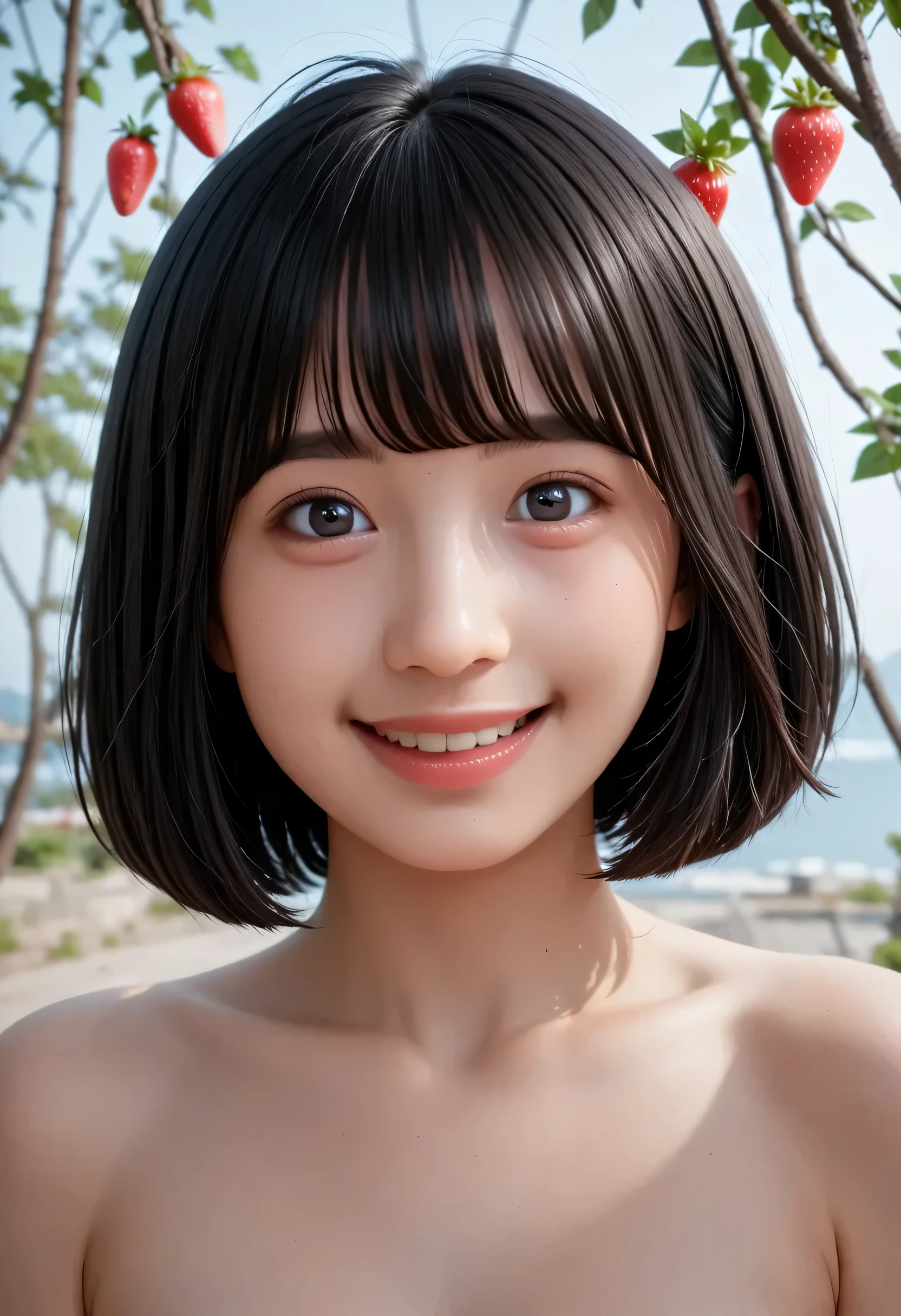 (Very detailed}, , {Highest quality}, {Ultra high quality}, {Highest resolution}, {{{Sharp focus: Eyes}}, {{16k}}, {{Astonishingly realistic portrait of a Japanese high school student: 2.0}}}, ((Bust up: 2.0))), {{Happy smile: 2.0}}, {Detailed facial depiction}}, {{Detailed eye depiction, large eyes with double eyelids}}, {Thick lips: Lipstick}, Black hair, black eyes}}}, {Naked high school girl: 18 years old: White skin: Chest}}, } {Glowing beautiful skin: Pale skin}}, {{A very fantastic depth of field photo with a single strawberry in hand}}, {{{Bob haircut with shorn bangs: Home cut: Bangs}}}, {{View viewer}},