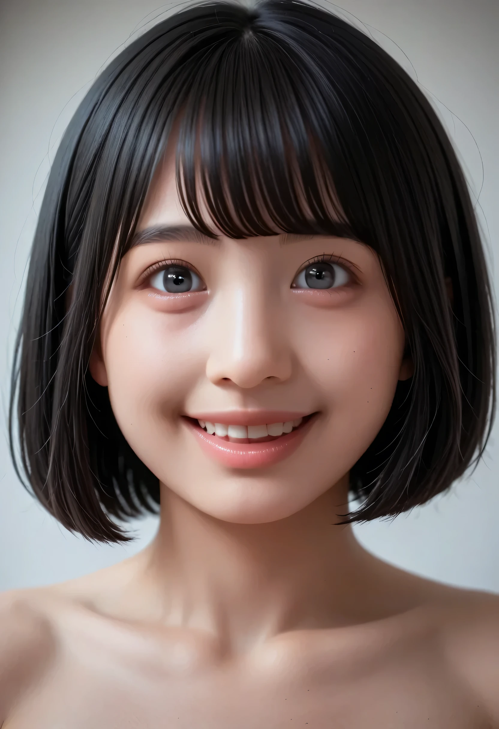 (Very detailed}, , {Highest quality}, {Ultra high quality}, {Highest resolution}, {{{Sharp focus: Eyes}}, {{16k}}, {{Astonishingly realistic portrait of a Japanese high school student: 2.0}}}, ((Bust up: 2.0))), {{Happy smile: 2.0}}, {Detailed facial depiction}}, {{Detailed eye depiction, large eyes with double eyelids}}, {Thick lips: Lipstick}, Black hair, black eyes}}}, {Naked high school girl: 18 years old: White skin: Chest}}, } {Glowing beautiful skin: Pale skin}}, {{A very fantastic depth of field photo with a single strawberry in hand}}, {{{Bob haircut with shorn bangs: Home cut: Bangs}}}, {{View viewer}},
