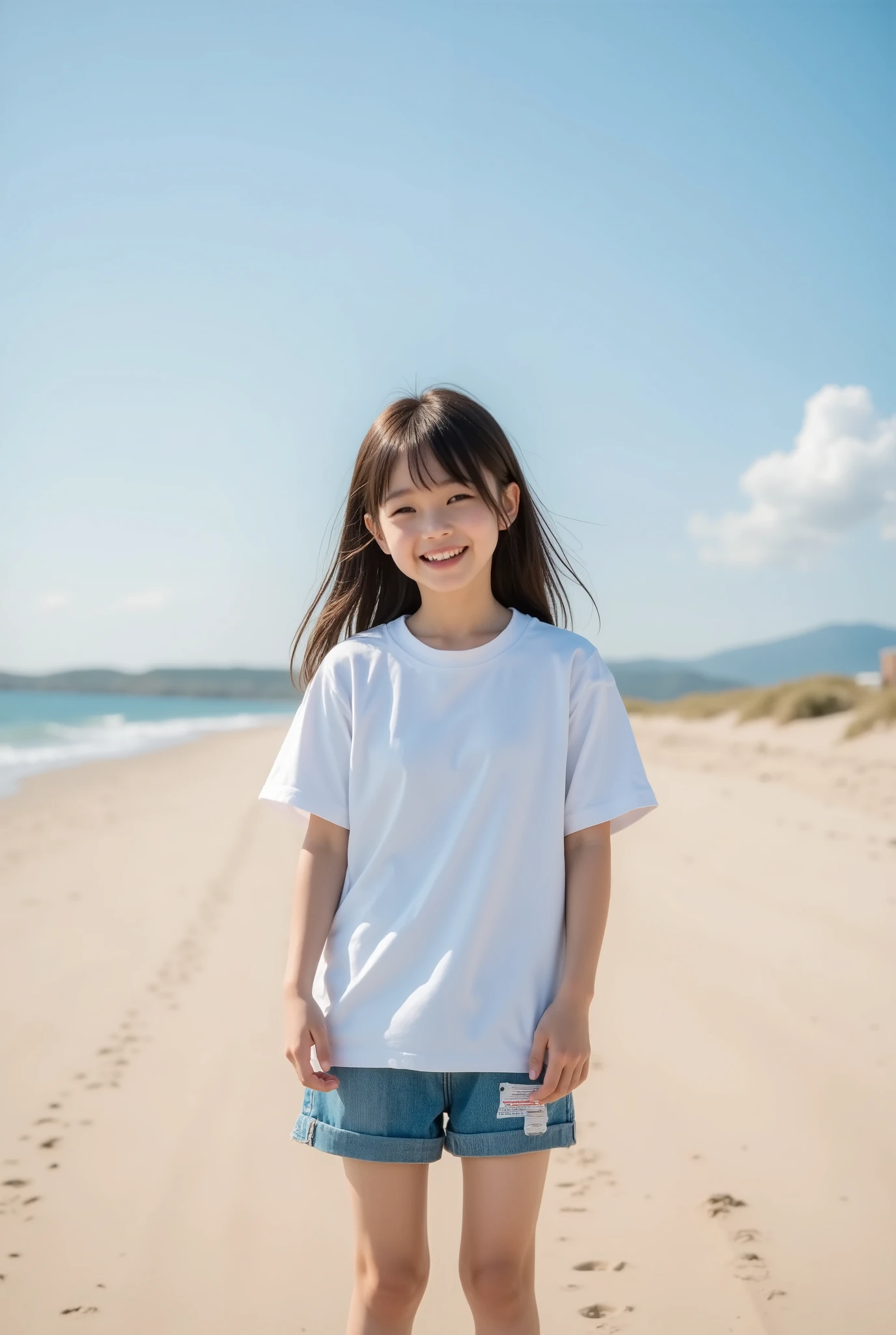 highest quality, masterpiece, 8k, highest resolution, very cute japanese girl、cutest girl in japan, very young, junior idol, long hair, white t-shirt, denim shorts、outdoor、realistic、Full Body, sandy beach、laughing, open mouth, short legs