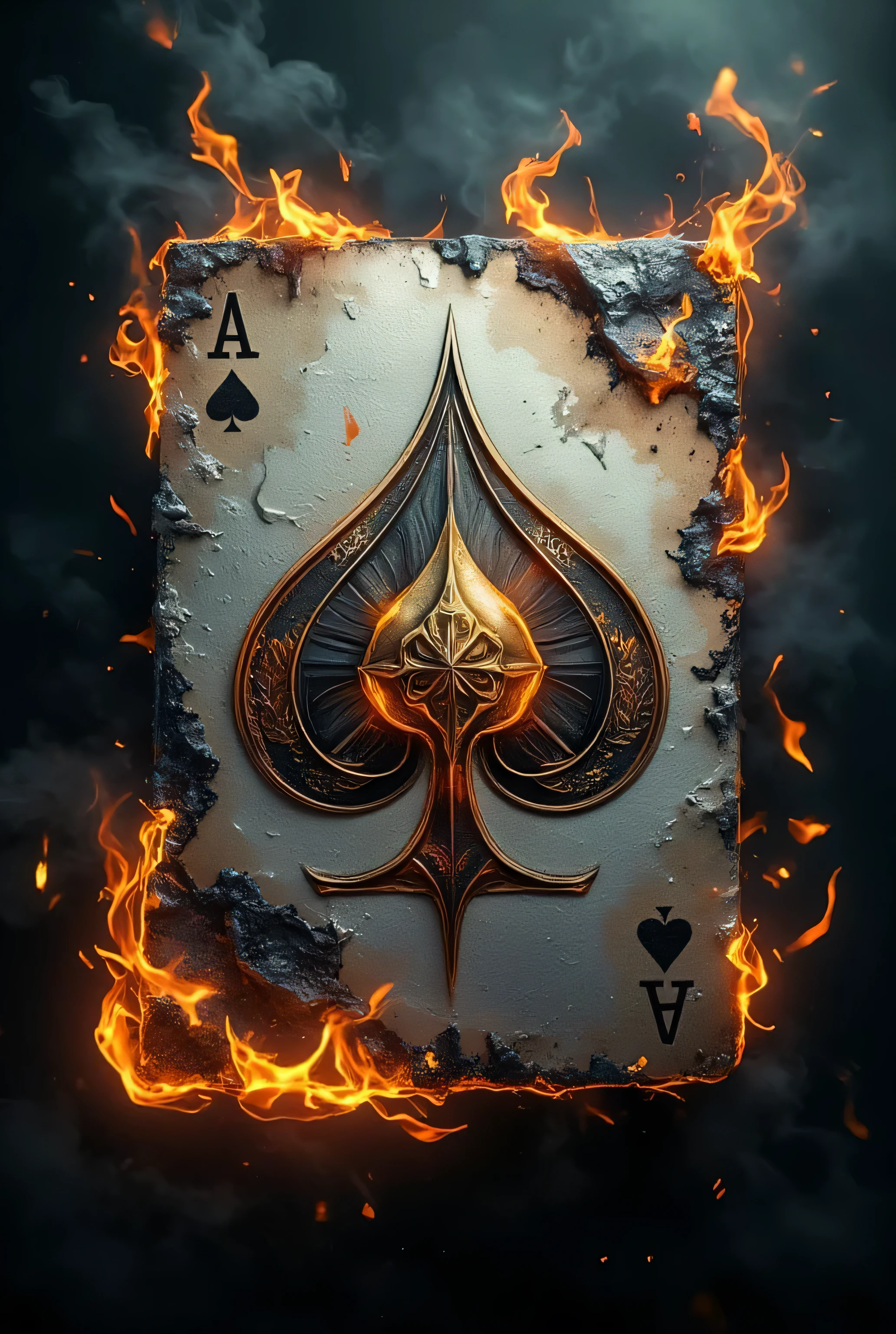a flaming playing card with a spade, in the style of ingrid baars, digital art techniques, alessio albi, caras ionut, dark gray and gold, wallpaper, 8k 3d