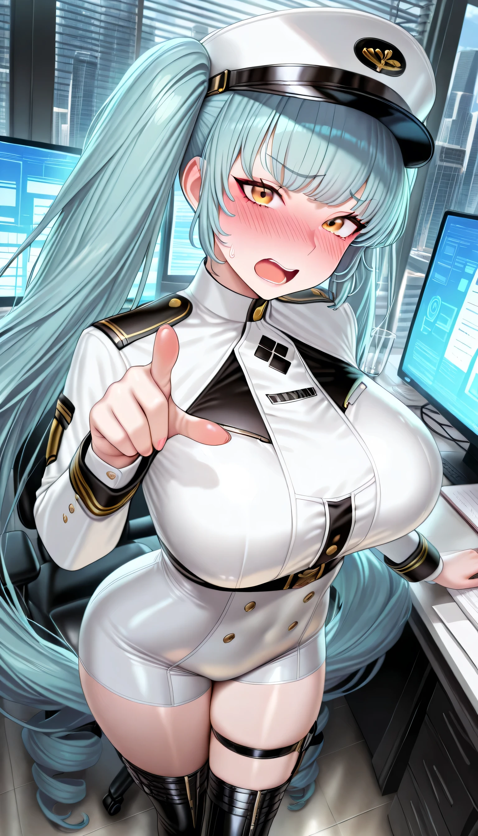 (masterpiece), ((best quality), amazing quality, very aesthetic, absurdres, newest, scenery, 1girl, solo, privdf, yellow eyes, aqua hair, twin tails, very long hair, bangs, peaked cap, white hat, large breasts, military uniform, white jacket, white shorts, harness, thigh strap, black thigh boots, (looking at viewer), pointing at viewer, standing, open mouth, blush, nose blush, flustered, (detailed background), indoors, luxury theme, office, hologram screens, office desk, office chair, huge glass window, blinds, high rise buildings, skyscrapers, glass buildings,