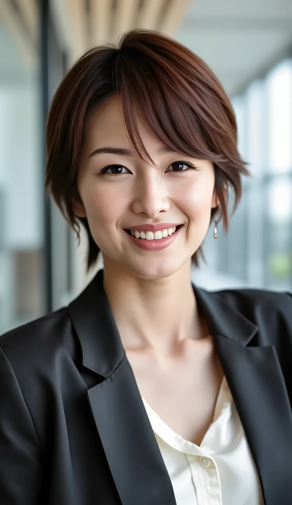 Neat Young Woman、looking at the camera、office lady suit、jacket、shirt、necklace、Ear piercings、薄い茶髪、、、、Bust Up Shot、necklace、smile showing teeth、The background is office
