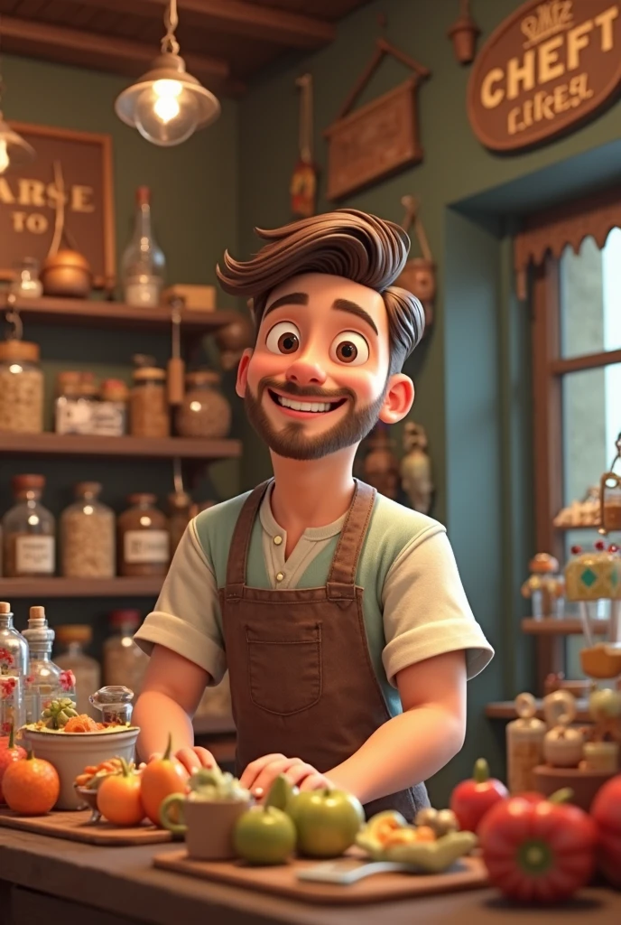 A Dream Barber Inspired by Pixar Animation, de perto. The character takes center stage with captivating  expressions, oferecendo um toque de irrealidade, Cabelo curto e gordinho gradiente