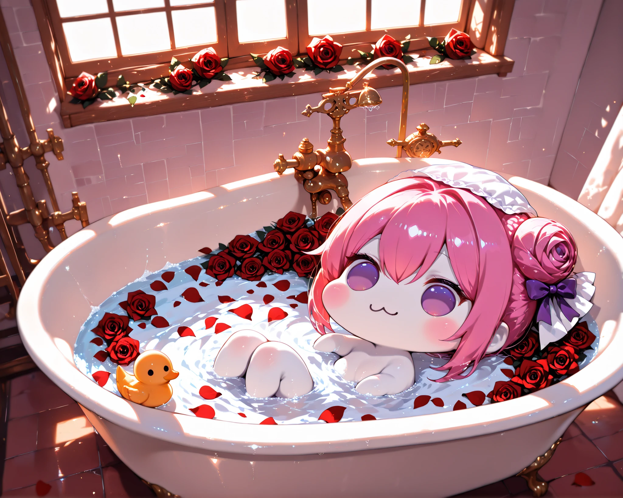 score_9, score_8_up, score_7_up, score_6_up, score_5_up, source_anime, (((absurdres))), (((128K Ultra High Resolution))), (masterpiece, best quality: 1. 5), (high definition: 1, 5), (((highres))), 8K wallpaper, (excellent graphics: 1. 5), CG, (best illustration, highly detailed artwork: 1. 5), (hyper realistic: 1. 5), (((cinematic lighting))), (intricate detail, extreme detailed, super detailed, exquisite details: 1. 5), (beautiful & aesthetic: 1. 5), (((photoreal))), (((very gorgeous & dazzling))), (((solo))), (1 Doro: 1. 5), (cute Doro, small size Doro: 1. 5), Doro, creature, :3, (((chibi))), (((pink hair, purple eyes, hair bun, hair bow, four legs, white skin, solid circle eyes, no pupils, no tail, no eyebrows, no nose, no ears, soft texture))), (pure white body, pure white skin, pure white face:1. 5), (small head: 1. 3), (((Doro sits in a bath and wears a cute shower cap))), (Doro splashing in a luxury clawfoot bathtub filled with petals, Doro covered in rose petals in the bathtub: 1. 5), (many rose petals floating in water, bathtub filled with petals, rose petals: 1. 5), (many roses float around Doro, a rubber duck floats nearby Doro: 1. 5), (((Doro looking relaxed during a bath, happy moments))), (bathroom is decorated with marble walls & gold fixtures, 1 showerhead: 1. 5), ((focused on Doro, wide angle, wide-angle view of a bathroom)), (natural light from window, hyperrealistic, detailed & realistic background: 1. 5)