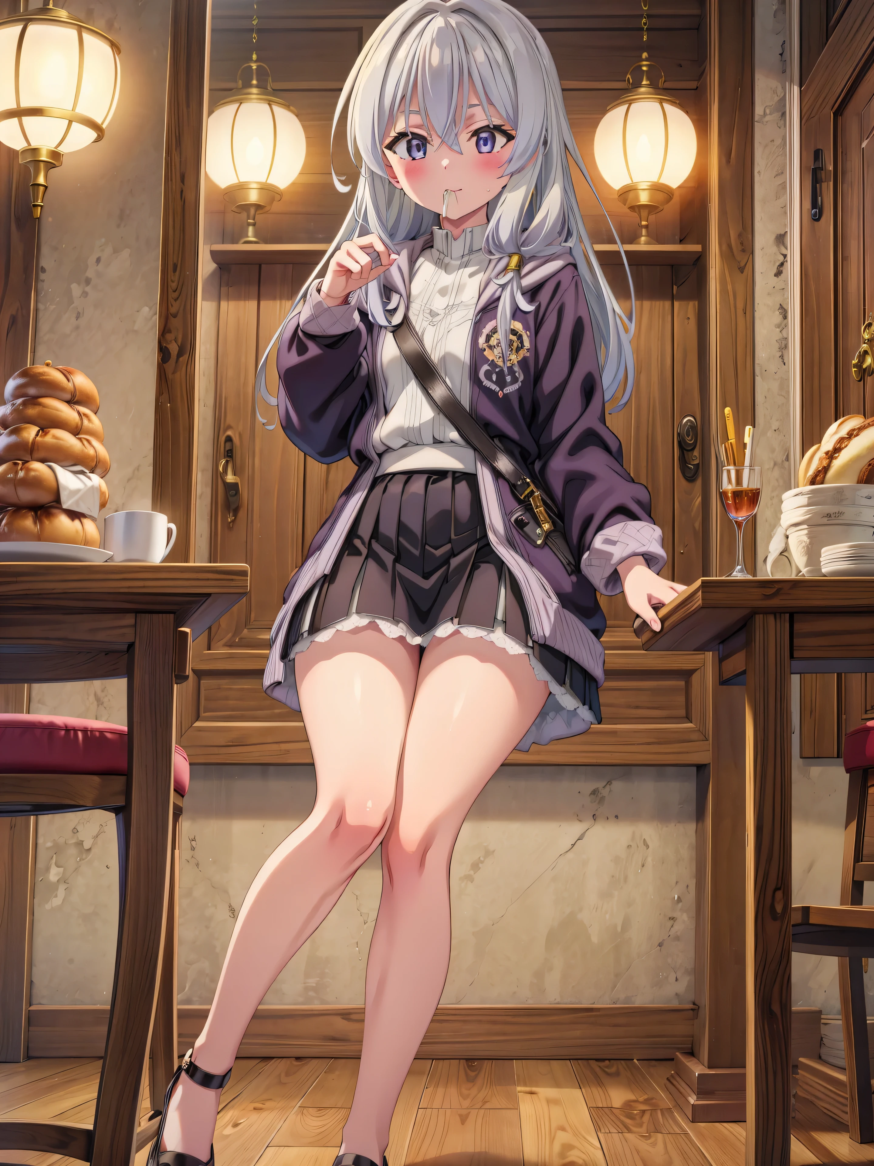 Highly detailed, high quality, masterpiece, beautiful, (all photo shooting), girl child student, spreading her legs, vagina visible, eating a bread, perfect eyes, yellow eyes, light eyes, blushing face, big thighs, medium chest, long hair, brown hair, with bracelet on hand, wearing black sweatshirt, black stockings, short mini skirt, sexy, background image in a dining room