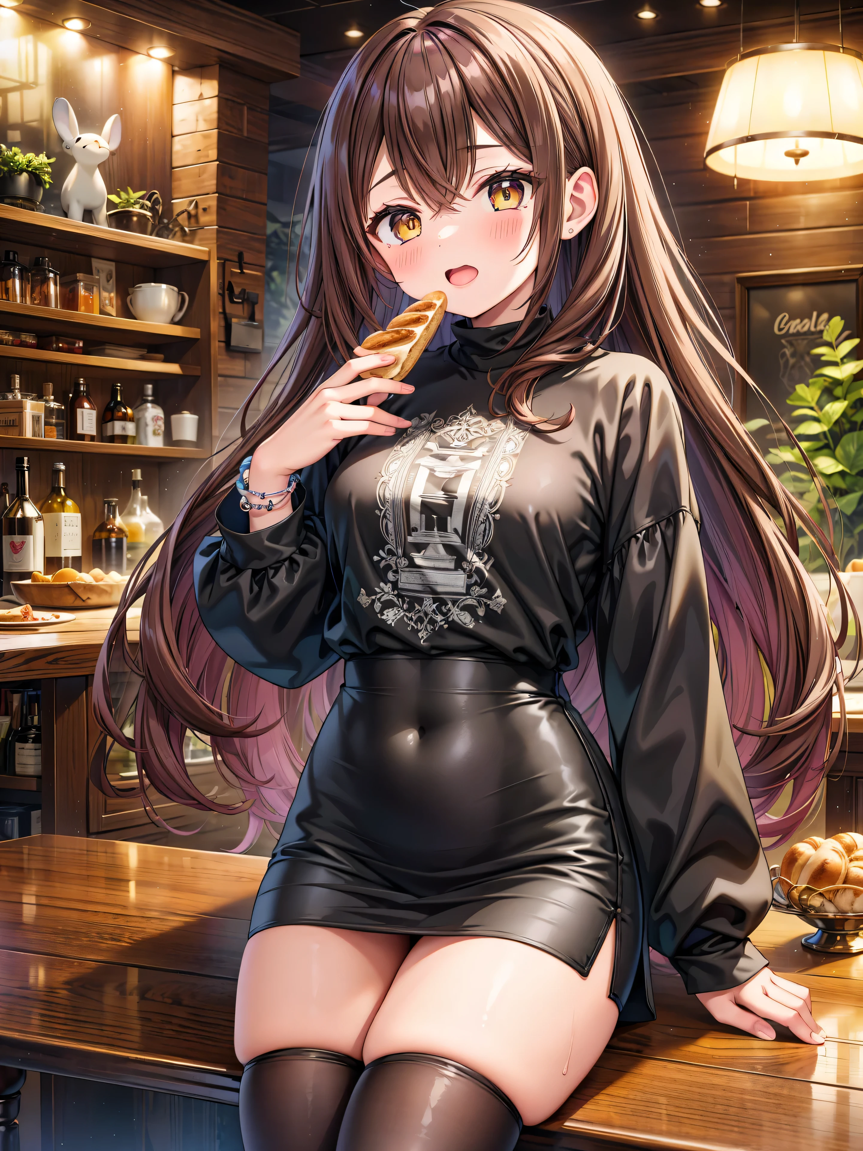Highly detailed, high quality, masterpiece, beautiful, (all photo shooting), girl child student, spreading her legs, vagina visible, eating a bread, perfect eyes, yellow eyes, light eyes, blushing face, big thighs, medium chest, long hair, brown hair, with bracelet on hand, wearing black sweatshirt, black stockings, short mini skirt, sexy, background image in a dining room