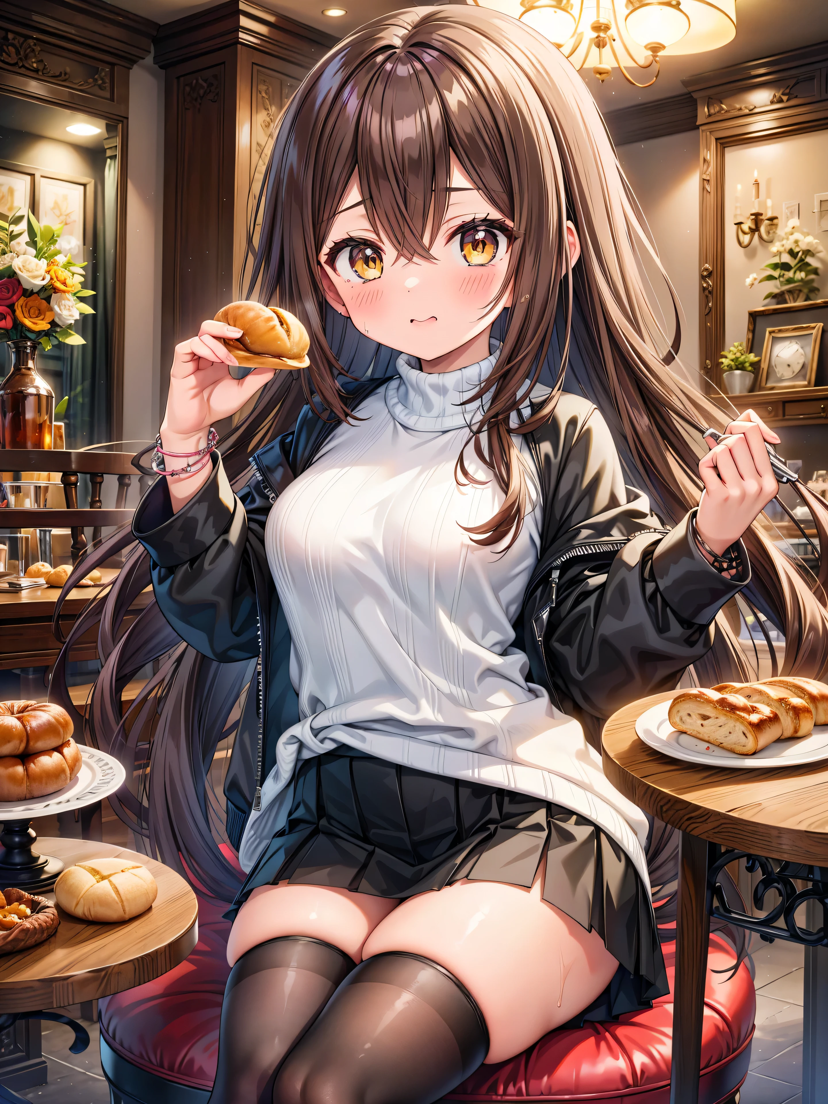 Highly detailed, high quality, masterpiece, beautiful, (all photo shooting), girl child student, spreading her legs, vagina visible, eating a bread, perfect eyes, yellow eyes, light eyes, blushing face, big thighs, medium chest, long hair, brown hair, with bracelet on hand, wearing black sweatshirt, black stockings, short mini skirt, sexy, background image in a dining room