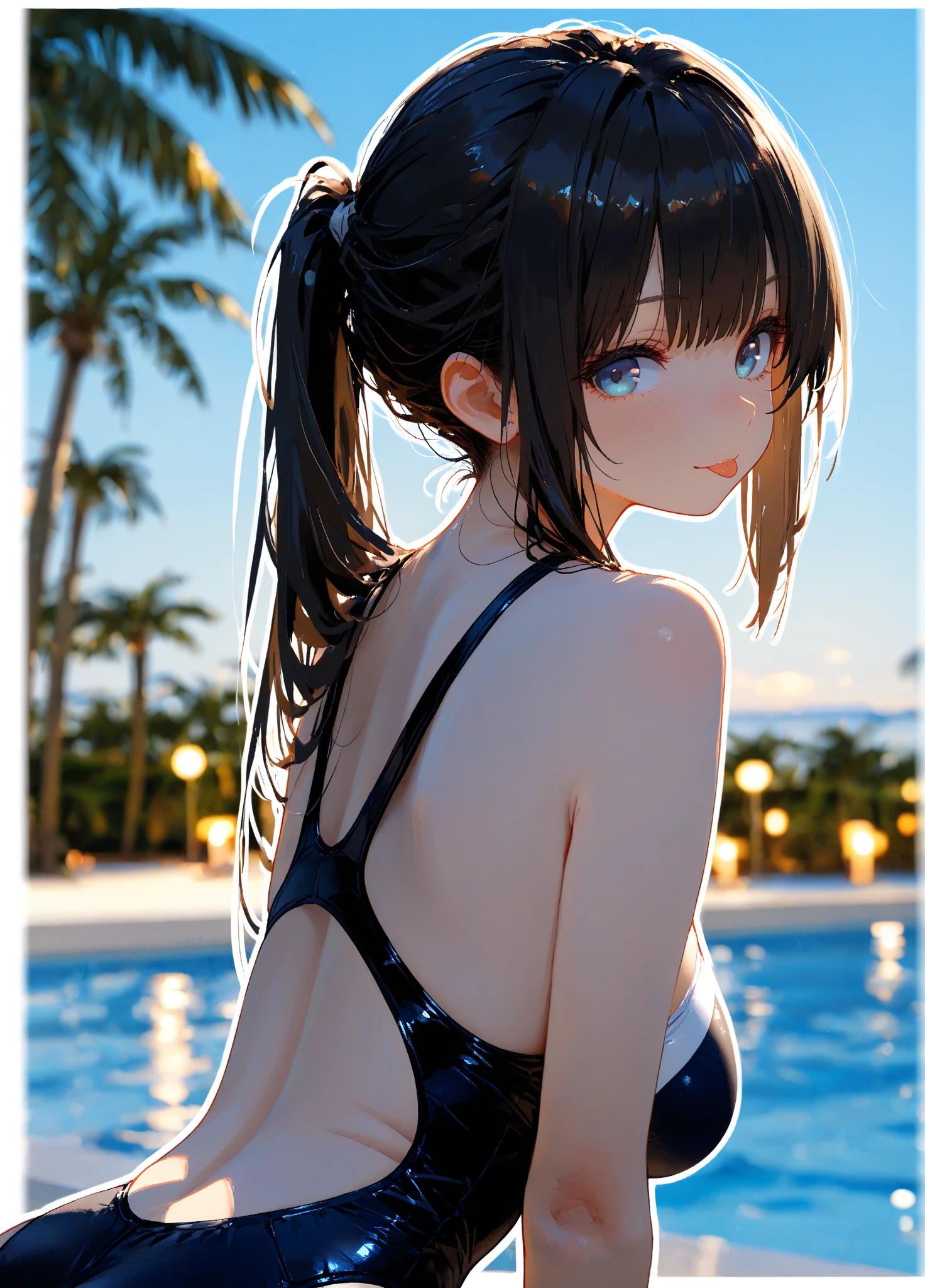 (Masterpiece: 1.2, Best Quality), (2 women, upper body: 1.2), Hair: 2 colors medium hair, Clothing: Small bikini, T-back, playing in the night pool