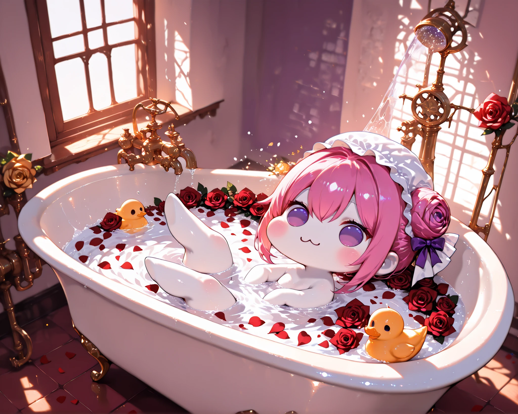 score_9, score_8_up, score_7_up, score_6_up, score_5_up, source_anime, (((absurdres))), (((128K Ultra High Resolution))), (masterpiece, best quality: 1. 5), (high definition: 1, 5), (((highres))), 8K wallpaper, (excellent graphics: 1. 5), CG, (best illustration, highly detailed artwork: 1. 5), (hyper realistic: 1. 5), (((cinematic lighting))), (intricate detail, extreme detailed, super detailed, exquisite details: 1. 5), (beautiful & aesthetic: 1. 5), (((photoreal))), (((very gorgeous & dazzling))), (((solo))), (1 Doro: 1. 5), (cute Doro, small size Doro: 1. 5), Doro, creature, :3, (((chibi))), (((pink hair, purple eyes, hair bun, hair bow, four legs, white skin, solid circle eyes, no pupils, no tail, no eyebrows, no nose, no ears, soft texture))), (pure white body, pure white skin, pure white face:1. 5), (small head: 1. 3), (((Doro sits in a bath and wears a cute shower cap))), (Doro splashing in a luxury clawfoot bathtub filled with petals, Doro covered in rose petals in the bathtub: 1. 5), (many rose petals floating in water, bathtub filled with petals, rose petals: 1. 5), (many roses float around Doro, a rubber duck floats nearby Doro: 1. 5), (((Doro looking relaxed during a bath, happy moments))), (bathroom is decorated with marble walls & gold fixtures, 1 showerhead: 1. 5), ((focused on Doro, wide angle, wide-angle view of a bathroom)), (natural light from window, hyperrealistic, detailed & realistic background: 1. 5)