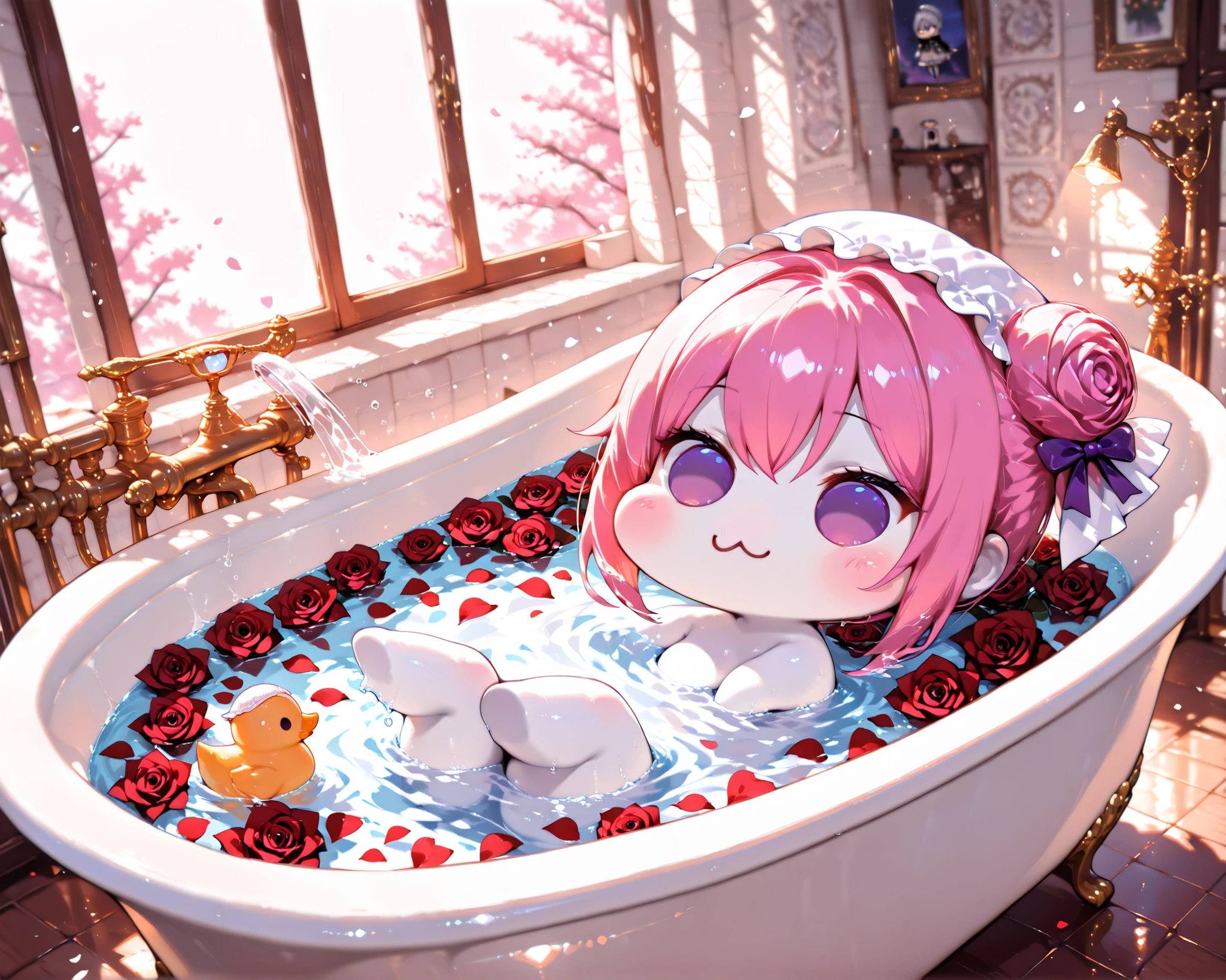 score_9, score_8_up, score_7_up, score_6_up, score_5_up, source_anime, (((absurdres))), (((128K Ultra High Resolution))), (masterpiece, best quality: 1. 5), (high definition: 1, 5), (((highres))), 8K wallpaper, (excellent graphics: 1. 5), CG, (best illustration, highly detailed artwork: 1. 5), (hyper realistic: 1. 5), (((cinematic lighting))), (intricate detail, extreme detailed, super detailed, exquisite details: 1. 5), (beautiful & aesthetic: 1. 5), (((photoreal))), (((very gorgeous & dazzling))), (((solo))), (1 Doro: 1. 5), (cute Doro, small size Doro: 1. 5), Doro, creature, :3, (((chibi))), (((pink hair, purple eyes, hair bun, hair bow, four legs, white skin, solid circle eyes, no pupils, no tail, no eyebrows, no nose, no ears, soft texture))), (pure white body, pure white skin, pure white face:1. 5), (small head: 1. 3), (((Doro sits in a bath and wears a cute shower cap))), (Doro splashing in a luxury clawfoot bathtub filled with petals, Doro covered in rose petals in the bathtub: 1. 5), (many rose petals floating in water, bathtub filled with petals, rose petals: 1. 5), (many roses float around Doro, a rubber duck floats nearby Doro: 1. 5), (((Doro looking relaxed during a bath, happy moments))), (bathroom is decorated with marble walls & gold fixtures, 1 showerhead: 1. 5), ((focused on Doro, wide angle, wide-angle view of a bathroom)), (natural light from window, hyperrealistic, detailed & realistic background: 1. 5)