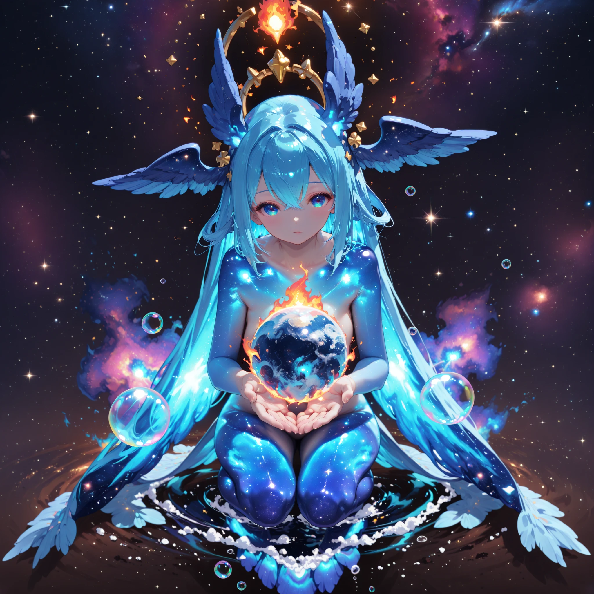 masterpiece, best quality, ultra detailed, fantasy illustration, (beautiful siren:1.2), 1girl, solo, full body, floating, skyblue skin, (nude:1.2), (naked:1.2), (Cosmic body:1.2), hairless, bird tail, skyblue bird tail, (large blue head wings:1.2), detailed eyes, (mysterious space atmosphere:1.3), glowing nebula in the background, shimmering astral effects, (universe background), (holding the planet Earth in both cupped hands:1.2), (fire and water effects where hands touch Earth:1.3), looking gently at the planet, stars, nebula, (rising bubbles:1.3), sfw