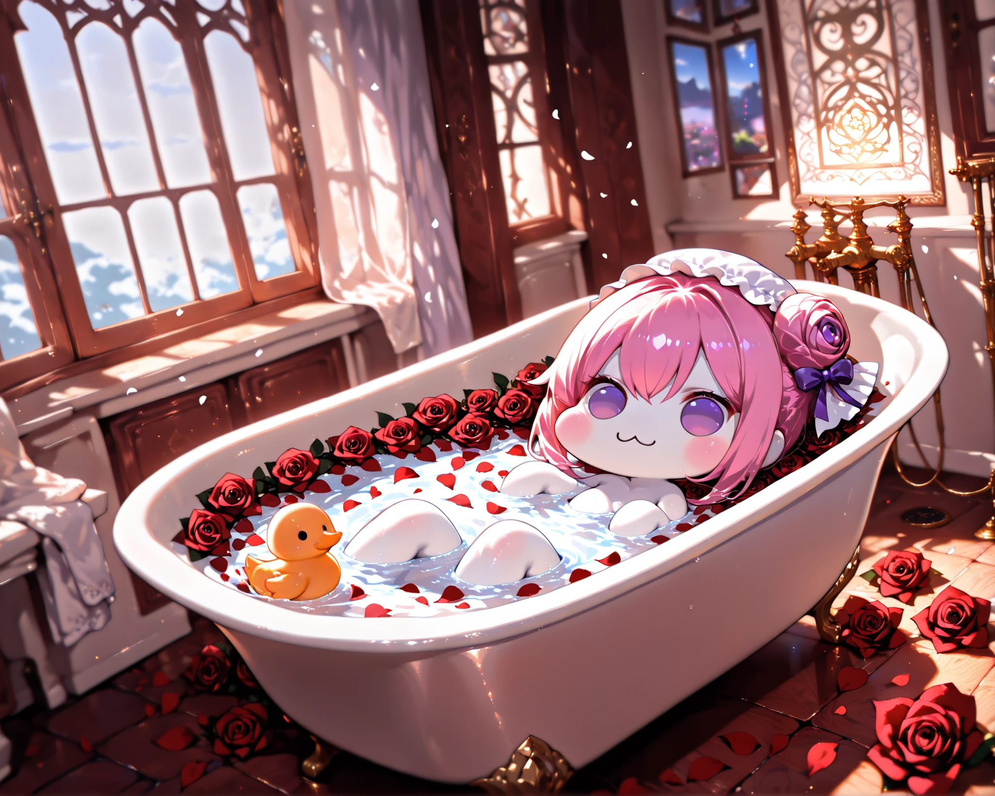 score_9, score_8_up, score_7_up, score_6_up, score_5_up, source_anime, (((absurdres))), (((128K Ultra High Resolution))), (masterpiece, best quality: 1. 5), (high definition: 1, 5), (((highres))), 8K wallpaper, (excellent graphics: 1. 5), CG, (best illustration, highly detailed artwork: 1. 5), (hyper realistic: 1. 5), (((cinematic lighting))), (intricate detail, extreme detailed, super detailed, exquisite details: 1. 5), (beautiful & aesthetic: 1. 5), (((photoreal))), (((very gorgeous & dazzling))), (((solo))), (1 Doro: 1. 5), (cute Doro, small size Doro: 1. 5), Doro, creature, :3, (((chibi))), (((pink hair, purple eyes, hair bun, hair bow, four legs, white skin, solid circle eyes, no pupils, no tail, no eyebrows, no nose, no ears, soft texture))), (pure white body, pure white skin, pure white face:1. 5), (small head: 1. 3), (((Doro sits in a bath and wears a cute shower cap))), (Doro splashing in a luxury clawfoot bathtub filled with petals, Doro covered in rose petals in the bathtub: 1. 5), (many rose petals floating in water, bathtub filled with petals, rose petals: 1. 5), (many roses float around Doro, a rubber duck floats nearby Doro: 1. 5), (((Doro looking relaxed during a bath, happy moments))), (bathroom is decorated with marble walls & gold fixtures, 1 showerhead: 1. 5), ((focused on Doro, wide angle, wide-angle view of a bathroom)), (natural light from window, hyperrealistic, detailed & realistic background: 1. 5)