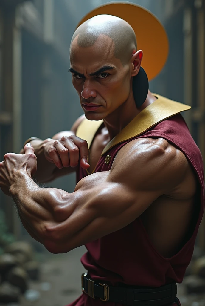 (8k, best quality, masterpiece:1.2), (finely detailed),solo, detailed illustration,intricate, a ((bald:1.3)) tien with black eyes a third eye  wearing green pants green wristband black shoes and red sash,flying,hovering, indian style, topless, ((meditating under the water  at waterfall))